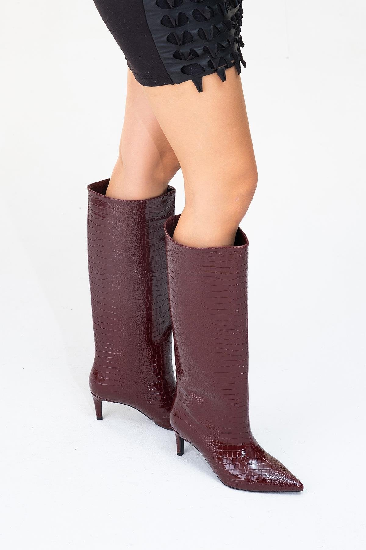 Cassandra Burgundy Pattern High‑Heel Boot – sole view showing leather, red, Vowalisse