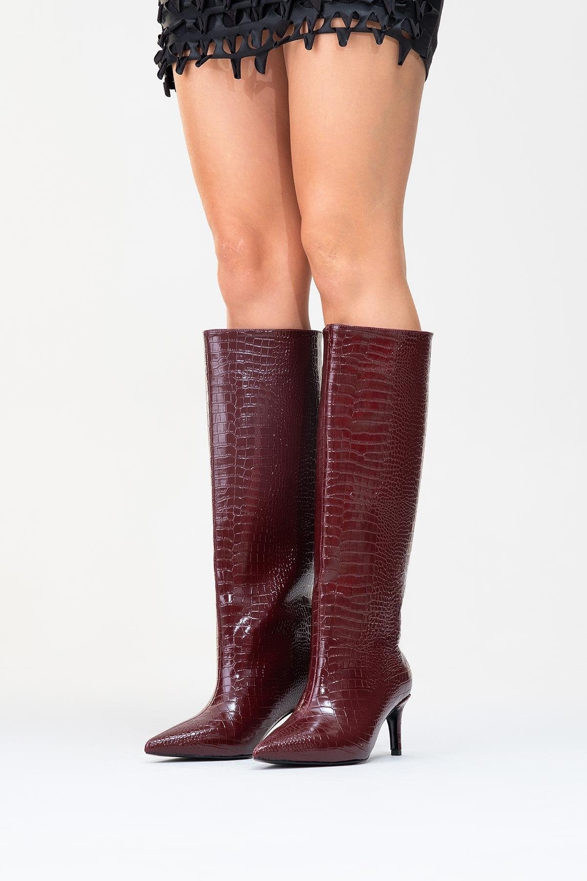 Cassandra Burgundy Pattern High‑Heel Boot – product view 9 showing leather, red, Vowalisse