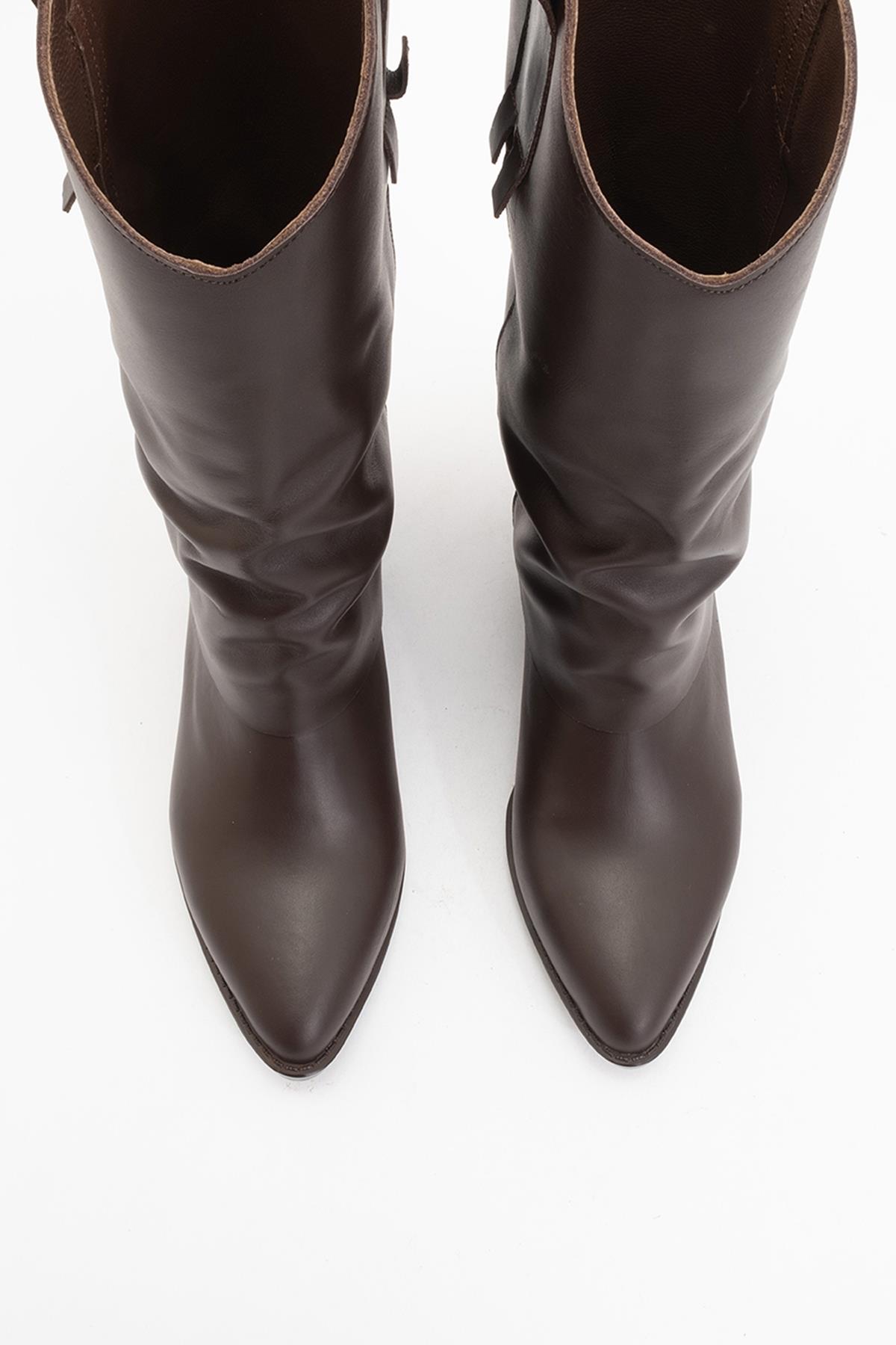 Sojo - Brown Genuine Leather Block Heel Ankle Boot – side view showing leather, Vowalisse