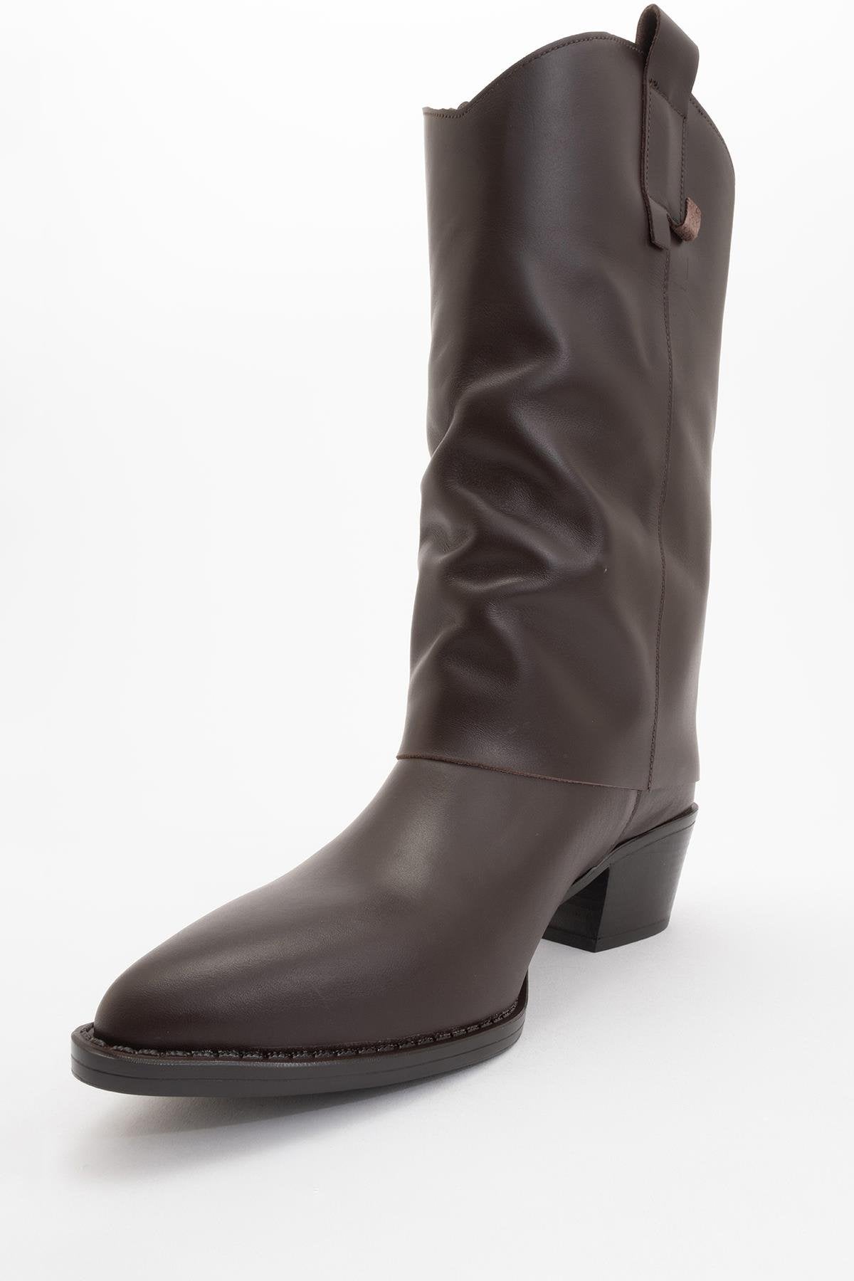Sojo - Brown Genuine Leather Block Heel Ankle Boot – detail view showing leather, Vowalisse
