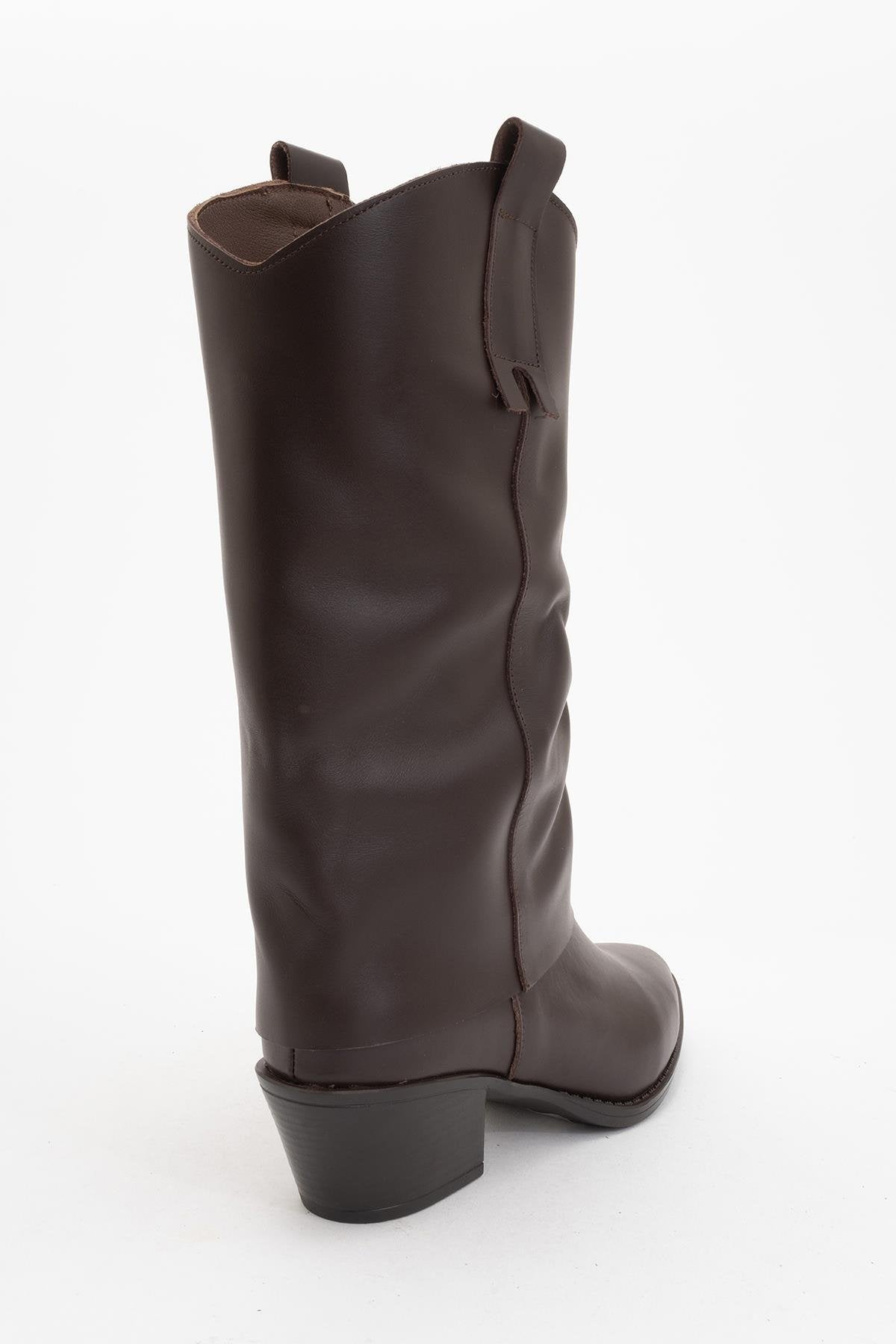 Sojo - Brown Genuine Leather Block Heel Ankle Boot – heel view showing leather, Vowalisse