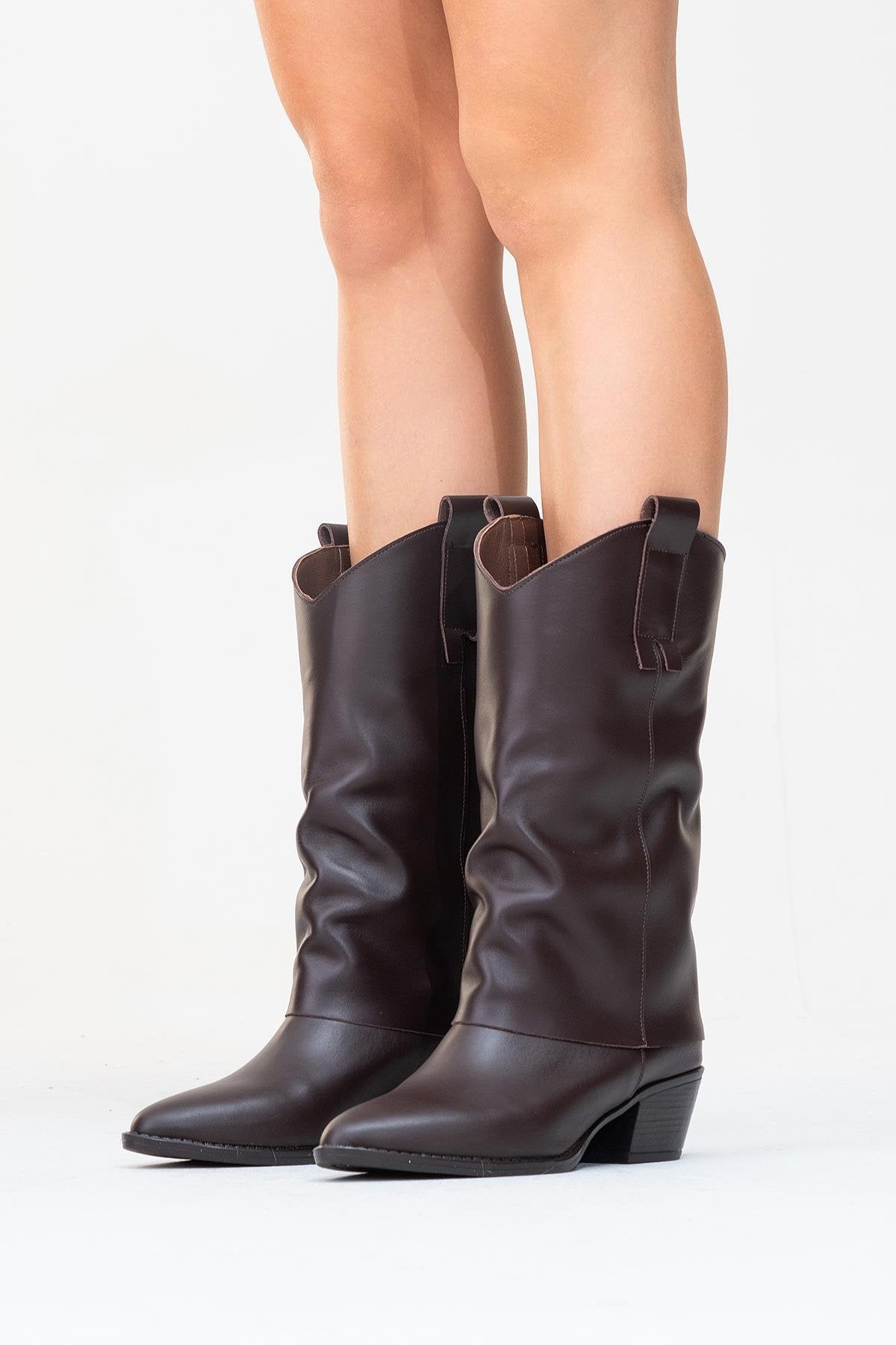 Sojo - Brown Genuine Leather Block Heel Ankle Boot – sole view showing leather, Vowalisse