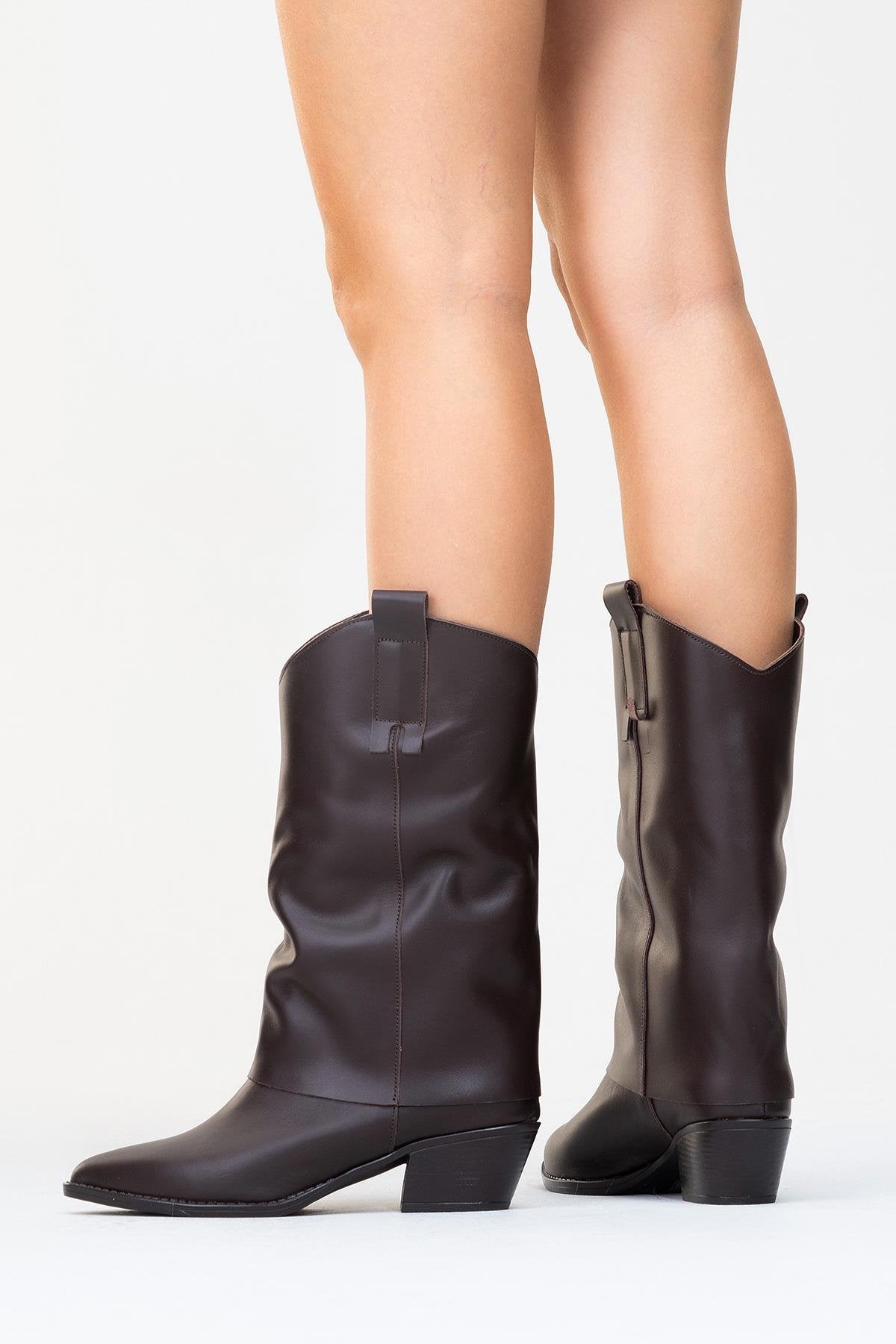 Sojo - Brown Genuine Leather Block Heel Ankle Boot – product view 9 showing leather, Vowalisse
