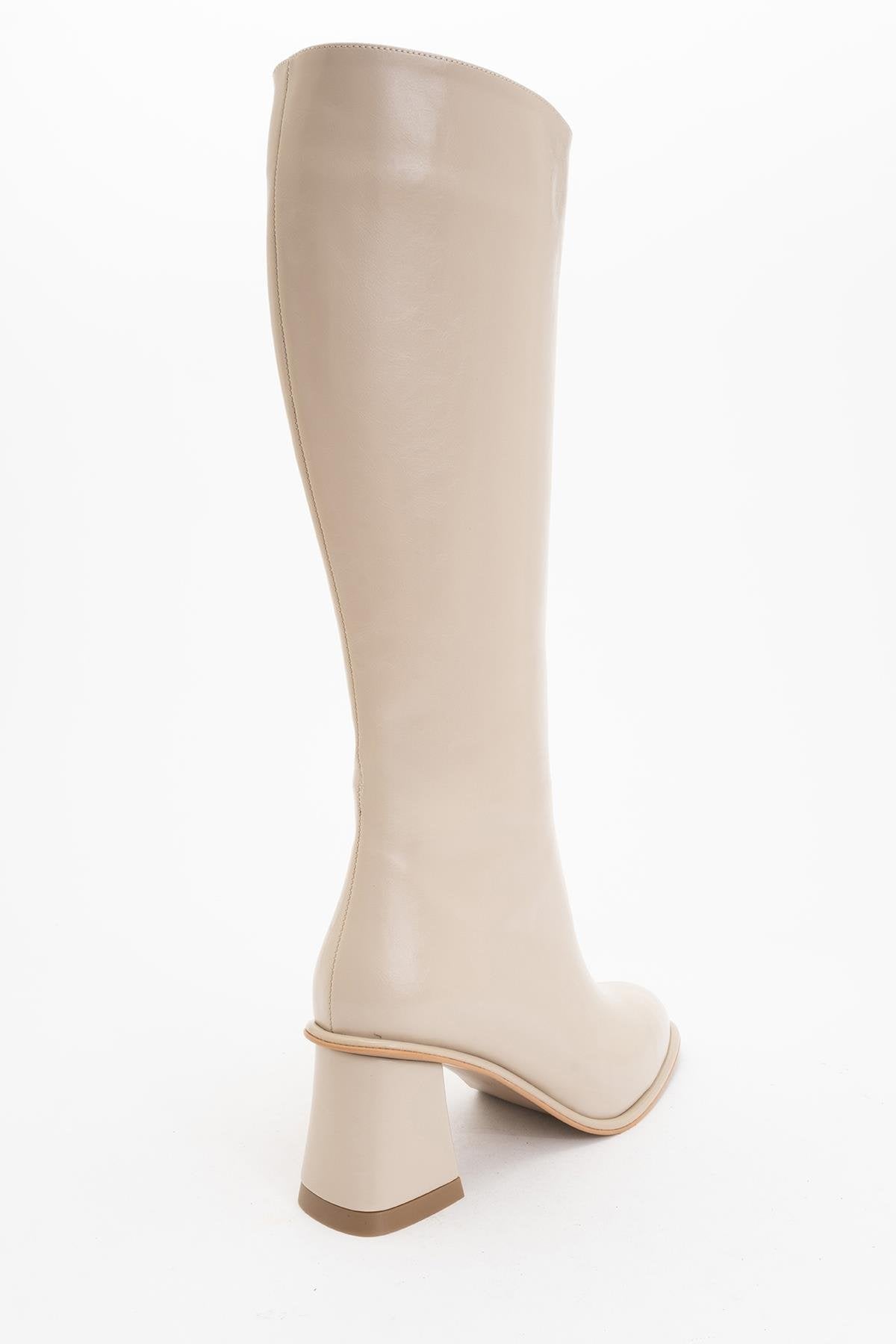 Paradis - Beige Block Heel Knee-High Boot – heel view showing leather, Vowalisse