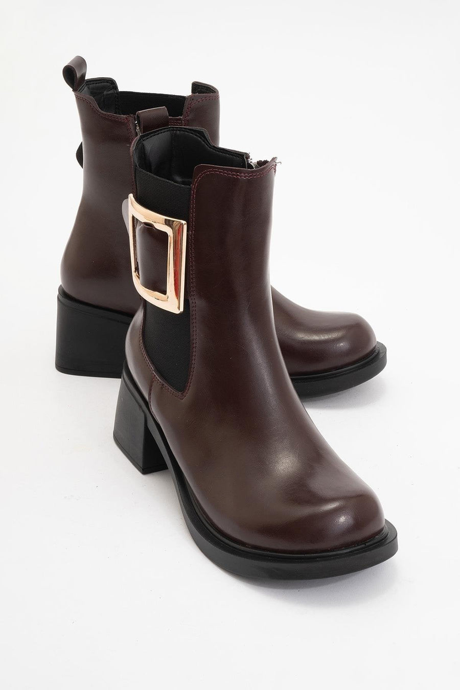 Moriah - Burgundy Buckle Elastic Side-Zip Block Heel Boot