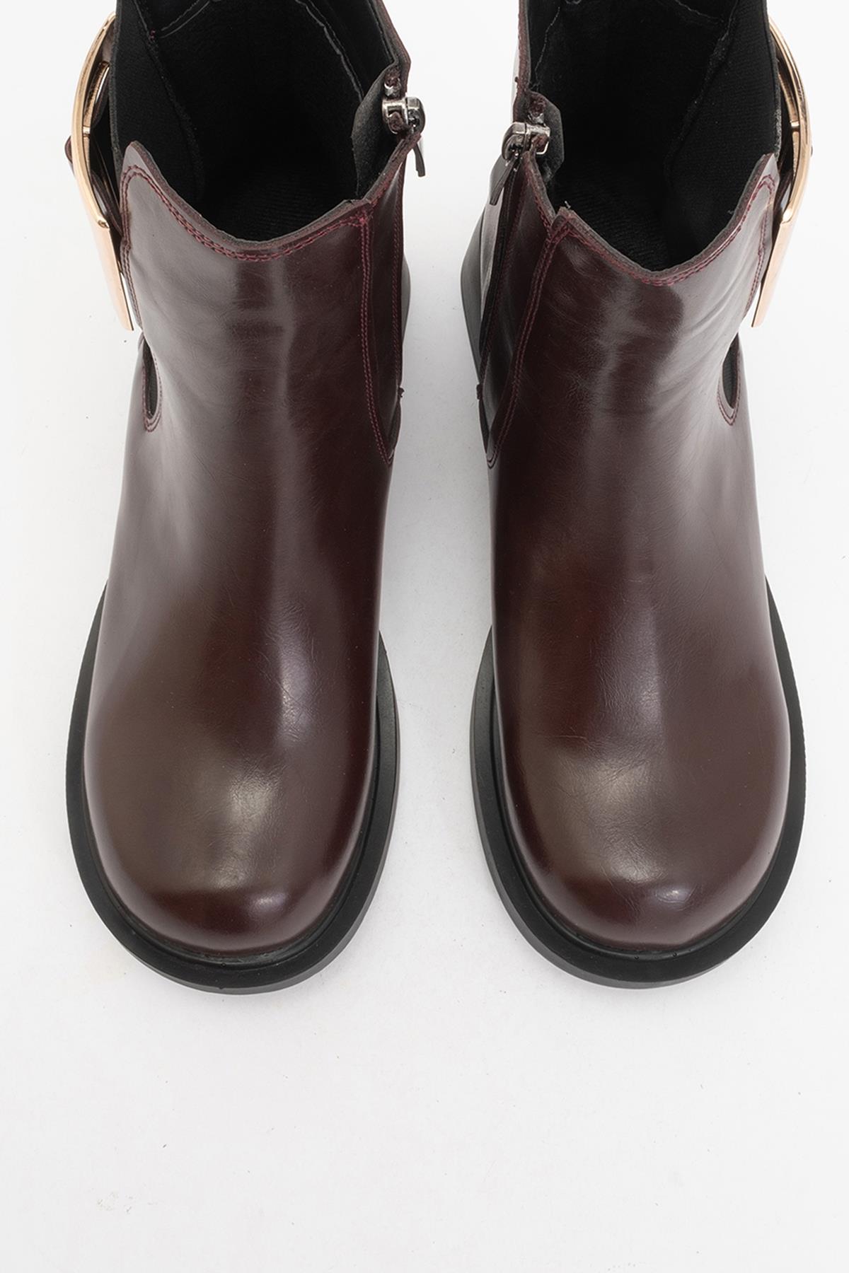 Moriah - Burgundy Buckle Elastic Side-Zip Block Heel Boot – side view showing leather, Vowalisse