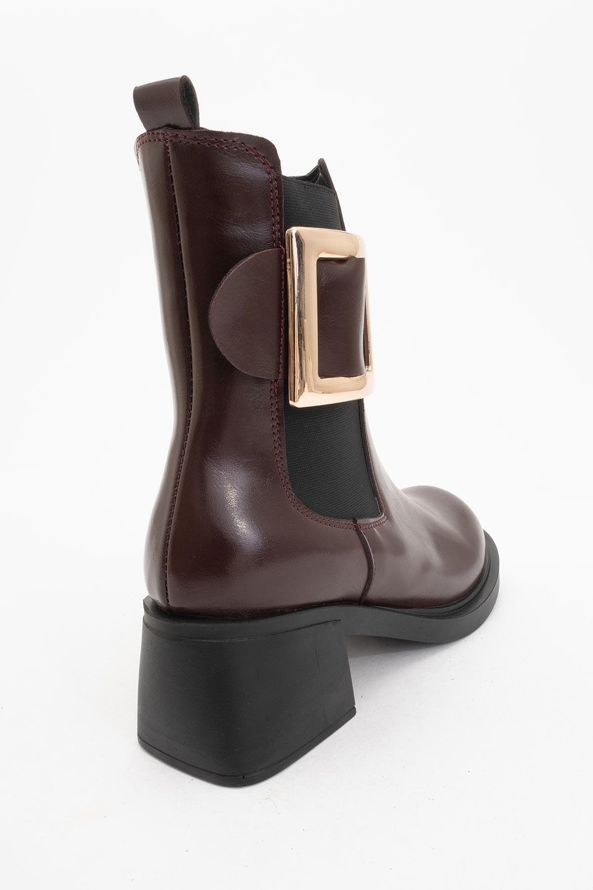 Moriah - Burgundy Buckle Elastic Side-Zip Block Heel Boot – detail view showing leather, Vowalisse