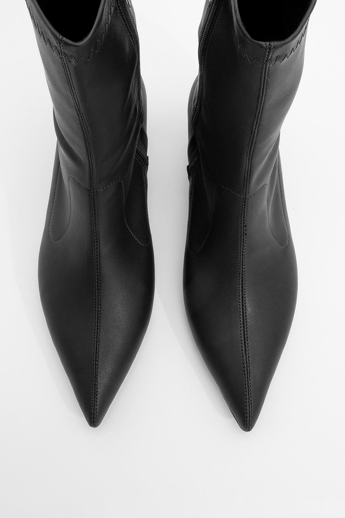 Lewin Black Pointed Toe Stiletto Boot – side view showing leather, black, red, Vowalisse