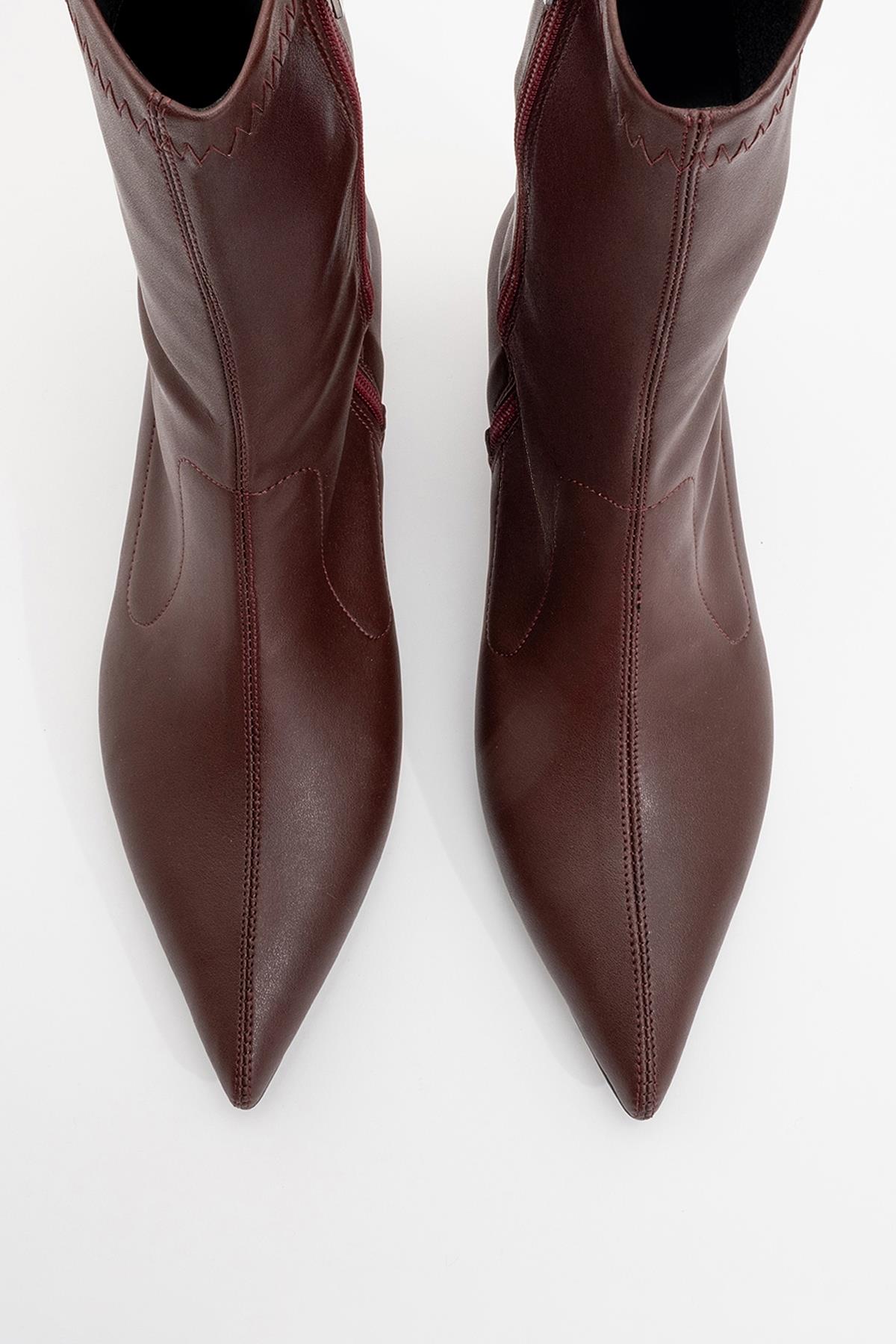 Lewin Burgundy Pointed Toe Stiletto Boot – side view showing leather, red, Vowalisse