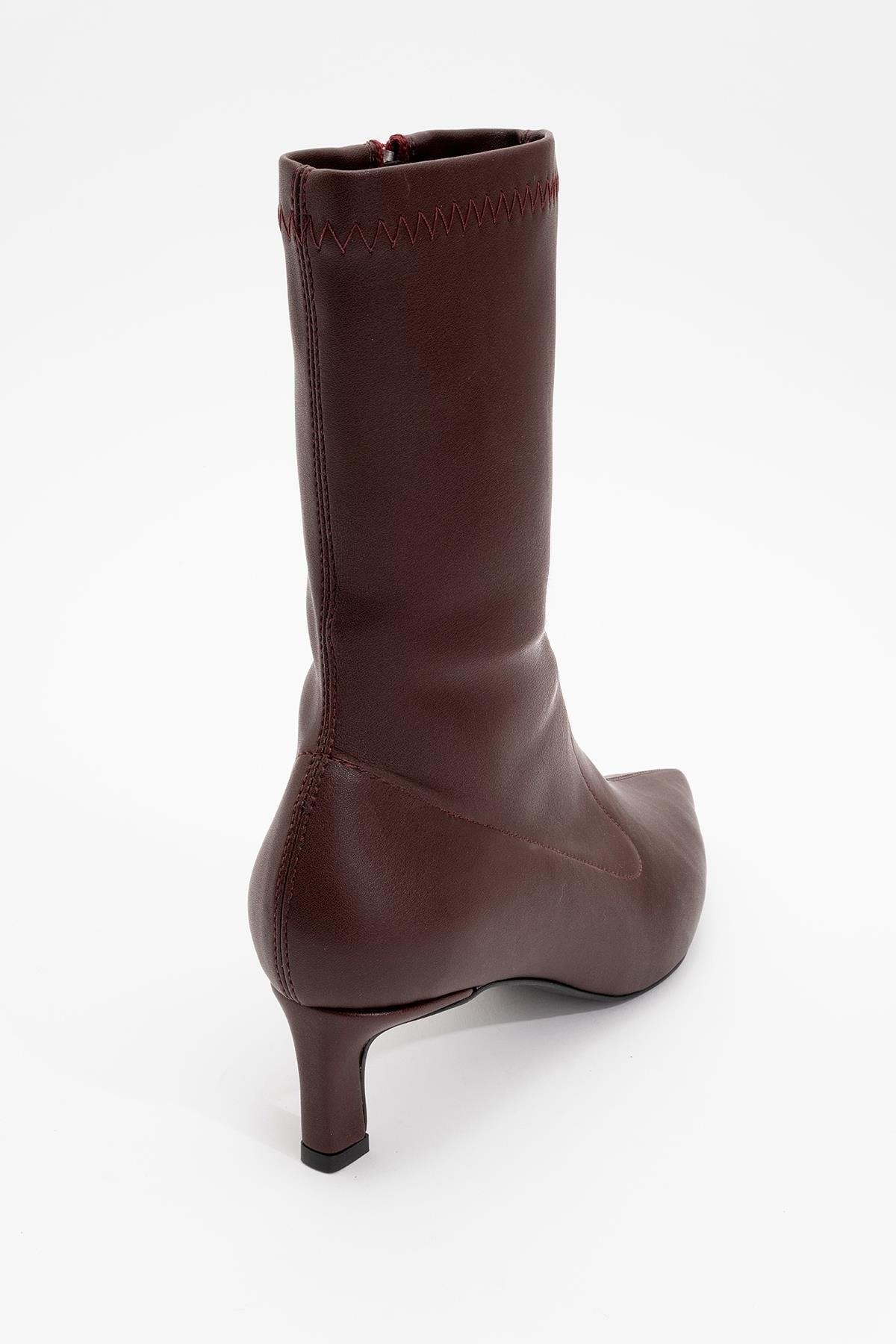 Lewin Burgundy Pointed Toe Stiletto Boot – detail view showing leather, red, Vowalisse