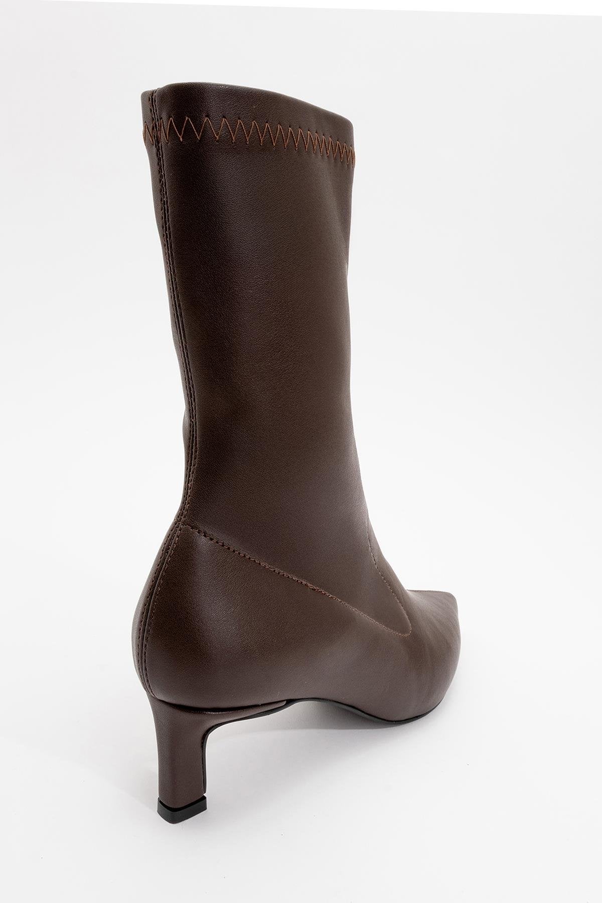 Lewin Brown Pointed Toe Stiletto Boot – heel view showing leather, red, Vowalisse