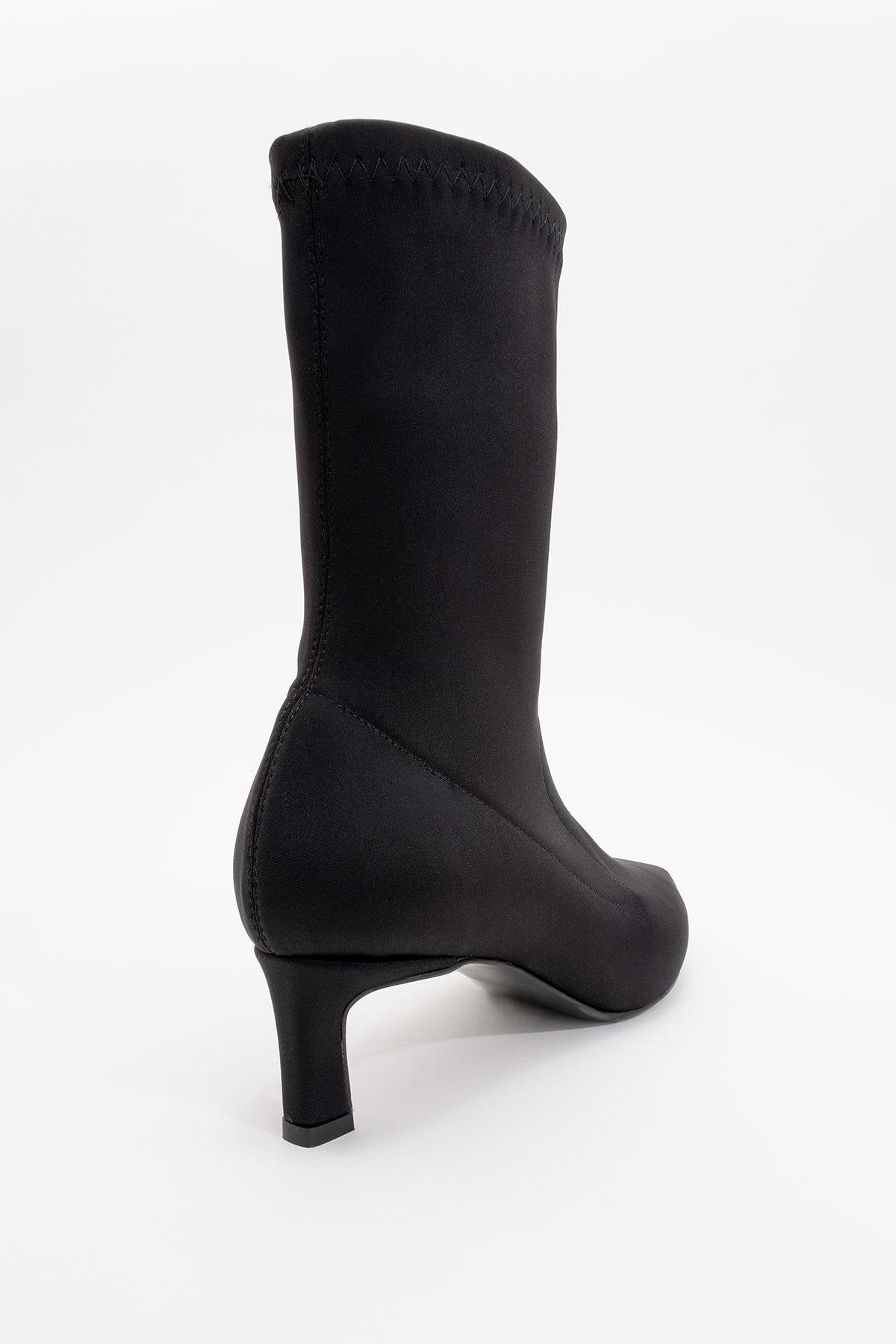 Lewin Black Stretch Pointed Toe Stiletto Boot – detail view showing leather, black, red, Vowalisse