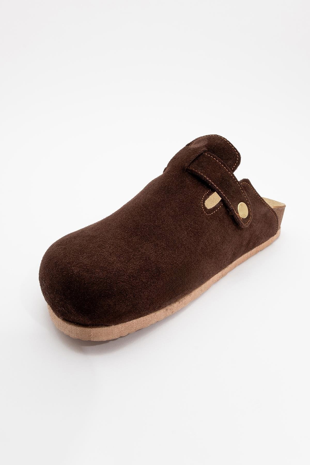 Gons - Brown Suede Leather Clogs – heel view showing leather, suede, red, Vowalisse