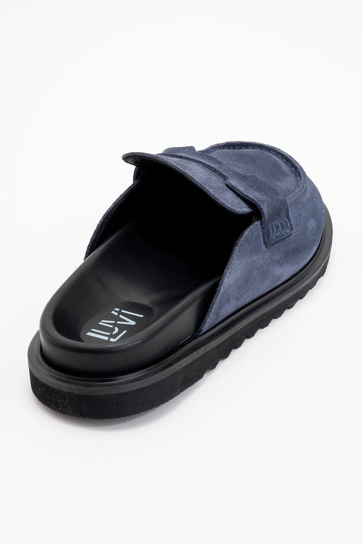 Laven - Navy Suede Leather Clogs – detail view showing leather, suede, red, Vowalisse