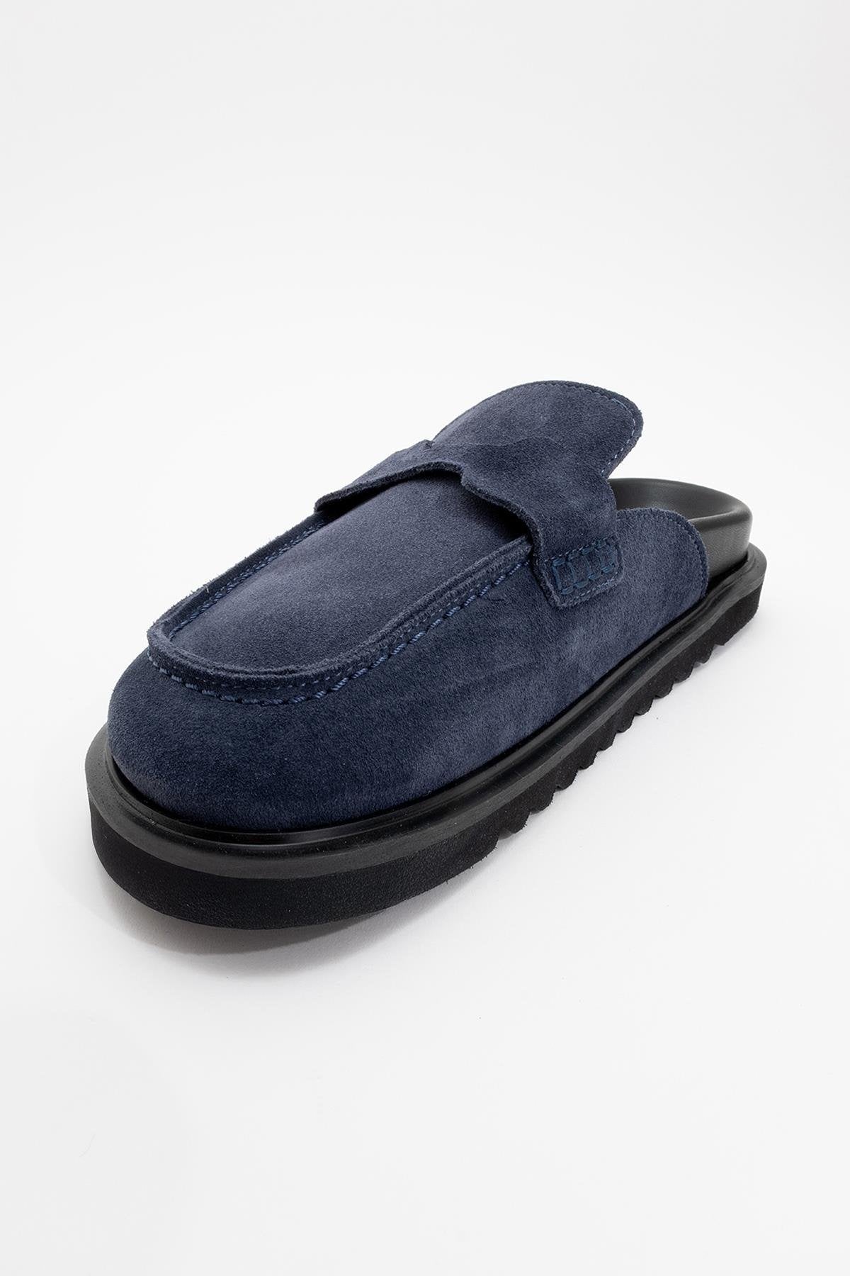 Laven - Navy Suede Leather Clogs – heel view showing leather, suede, red, Vowalisse
