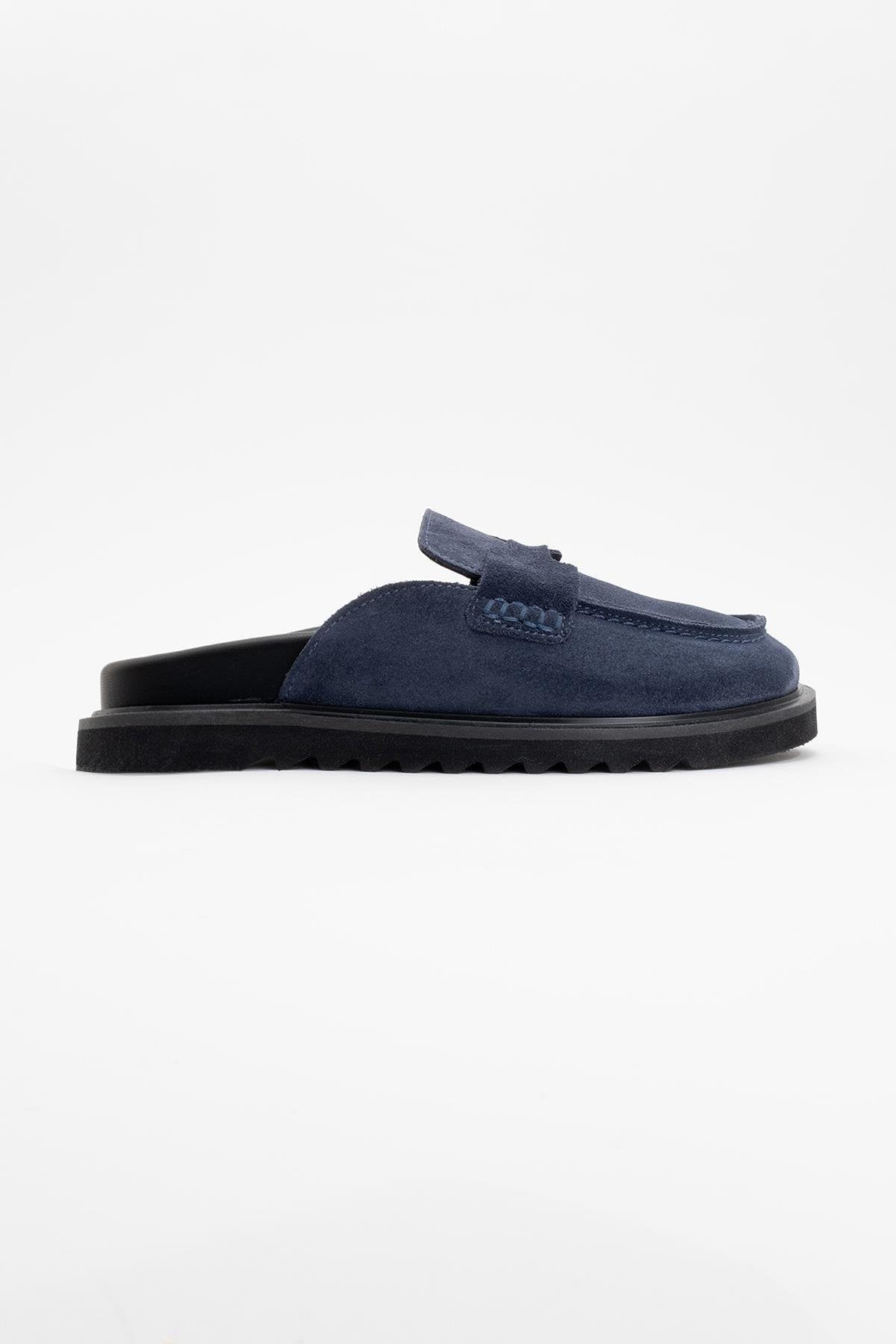 Laven - Navy Suede Leather Clogs – back view showing leather, suede, red, Vowalisse