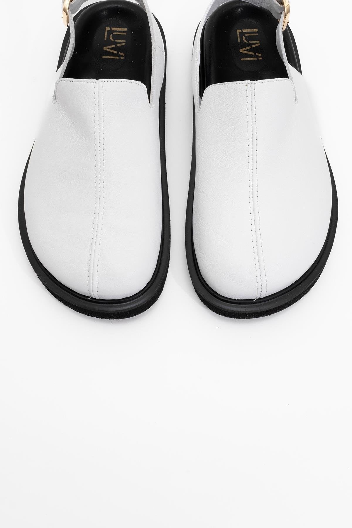 Laby - White Leather Clogs – side view showing leather, suede, white, Vowalisse