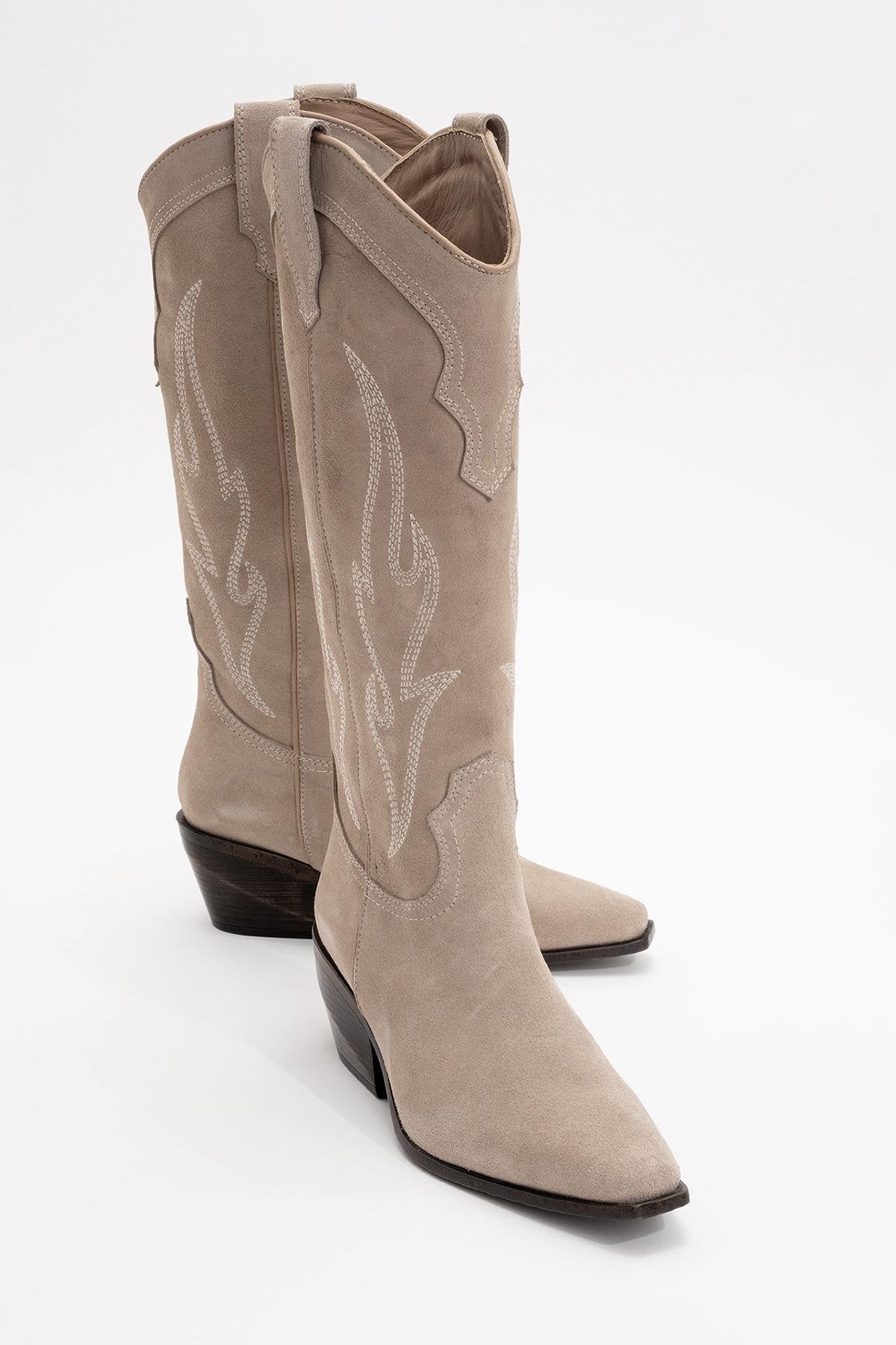 Pietro - Beige Suede Genuine Leather Western Boot – front three-quarter view showing leather, suede, Vowalisse