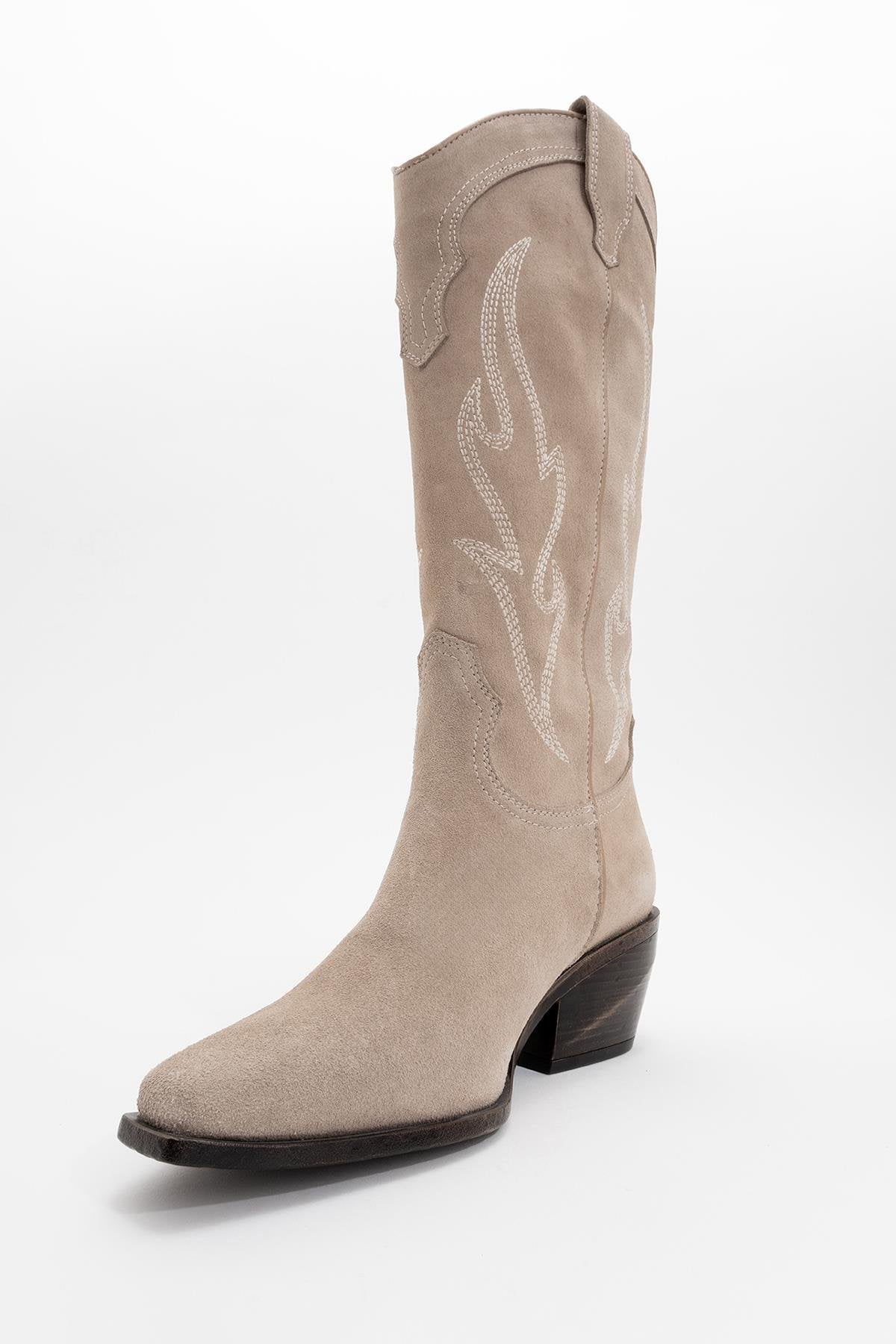 Pietro - Beige Suede Genuine Leather Western Boot – detail view showing leather, suede, Vowalisse