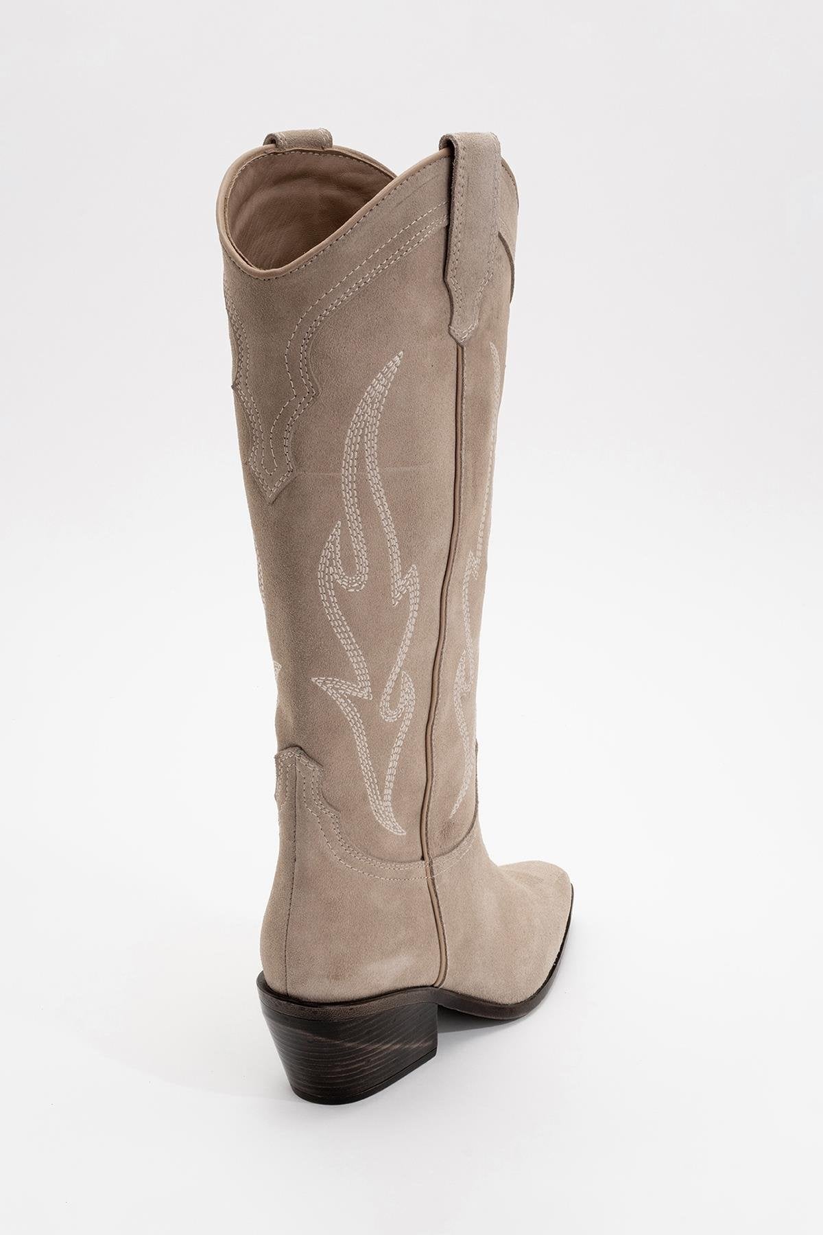 Pietro - Beige Suede Genuine Leather Western Boot – heel view showing leather, suede, Vowalisse