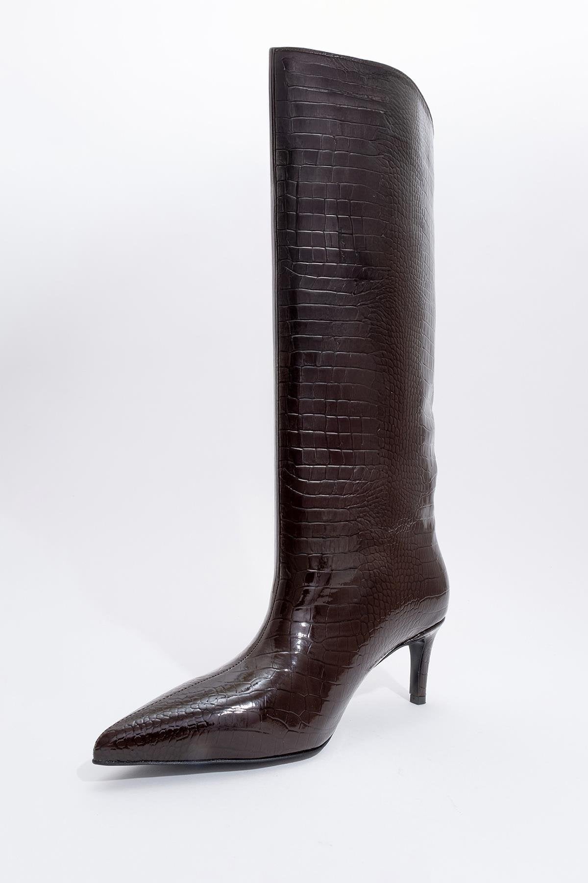 Cassandra Brown Pattern High‑Heel Boot – heel view showing leather, red, Vowalisse