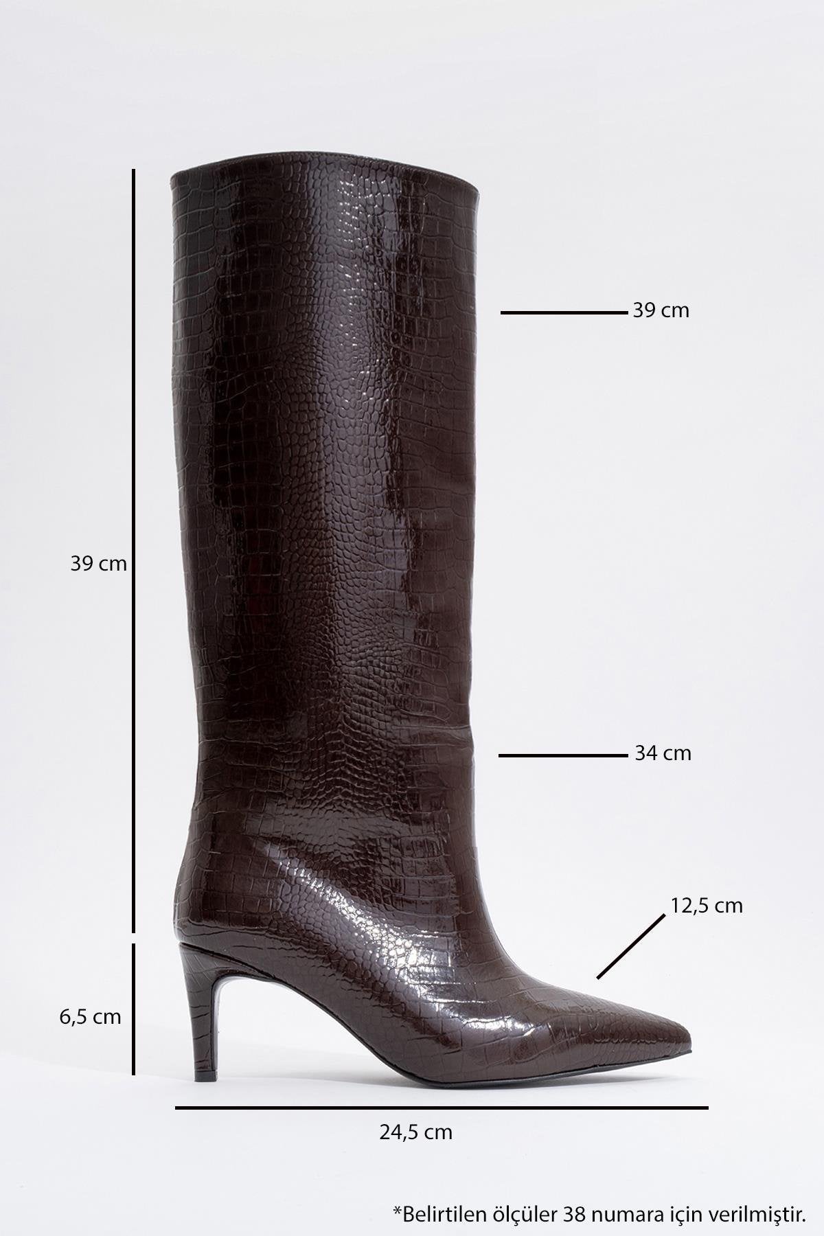 Cassandra Brown Pattern High‑Heel Boot – back view showing leather, red, Vowalisse