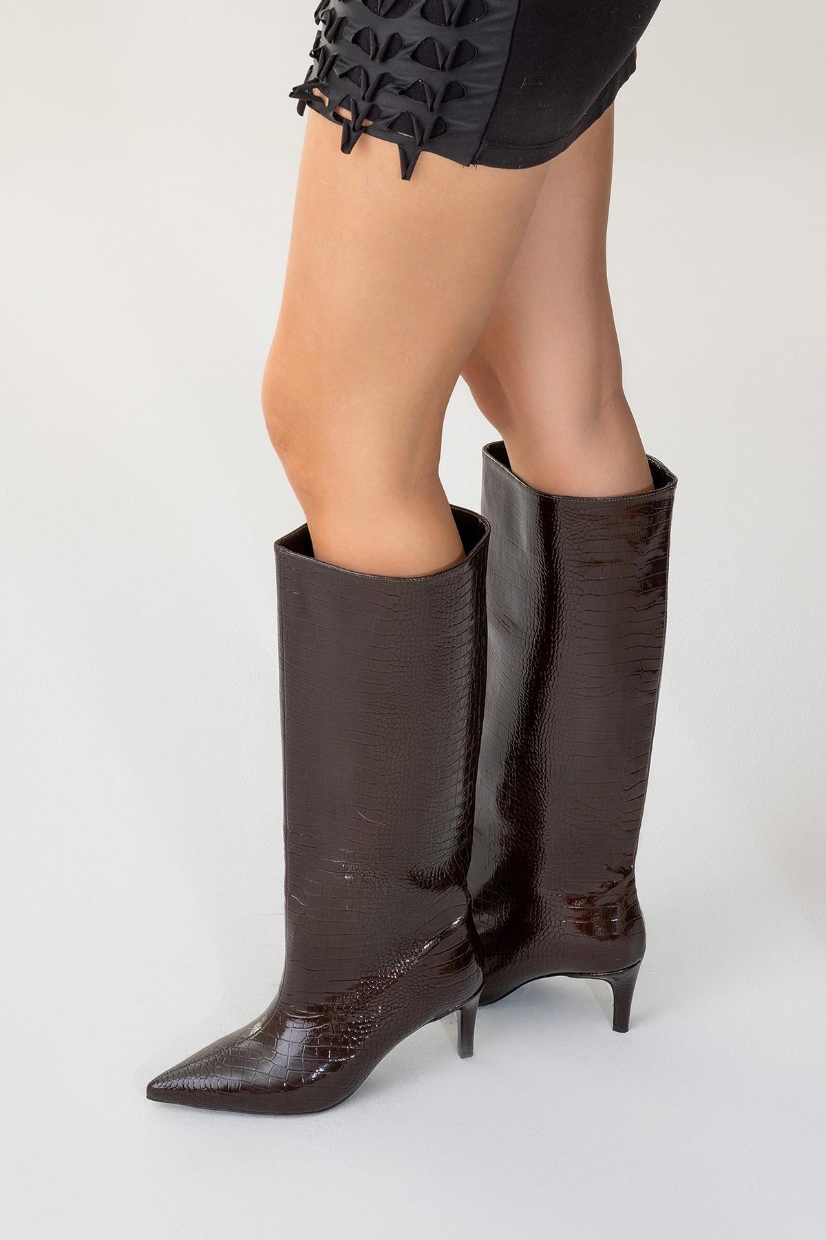 Cassandra Brown Pattern High‑Heel Boot – pair view showing leather, red, Vowalisse