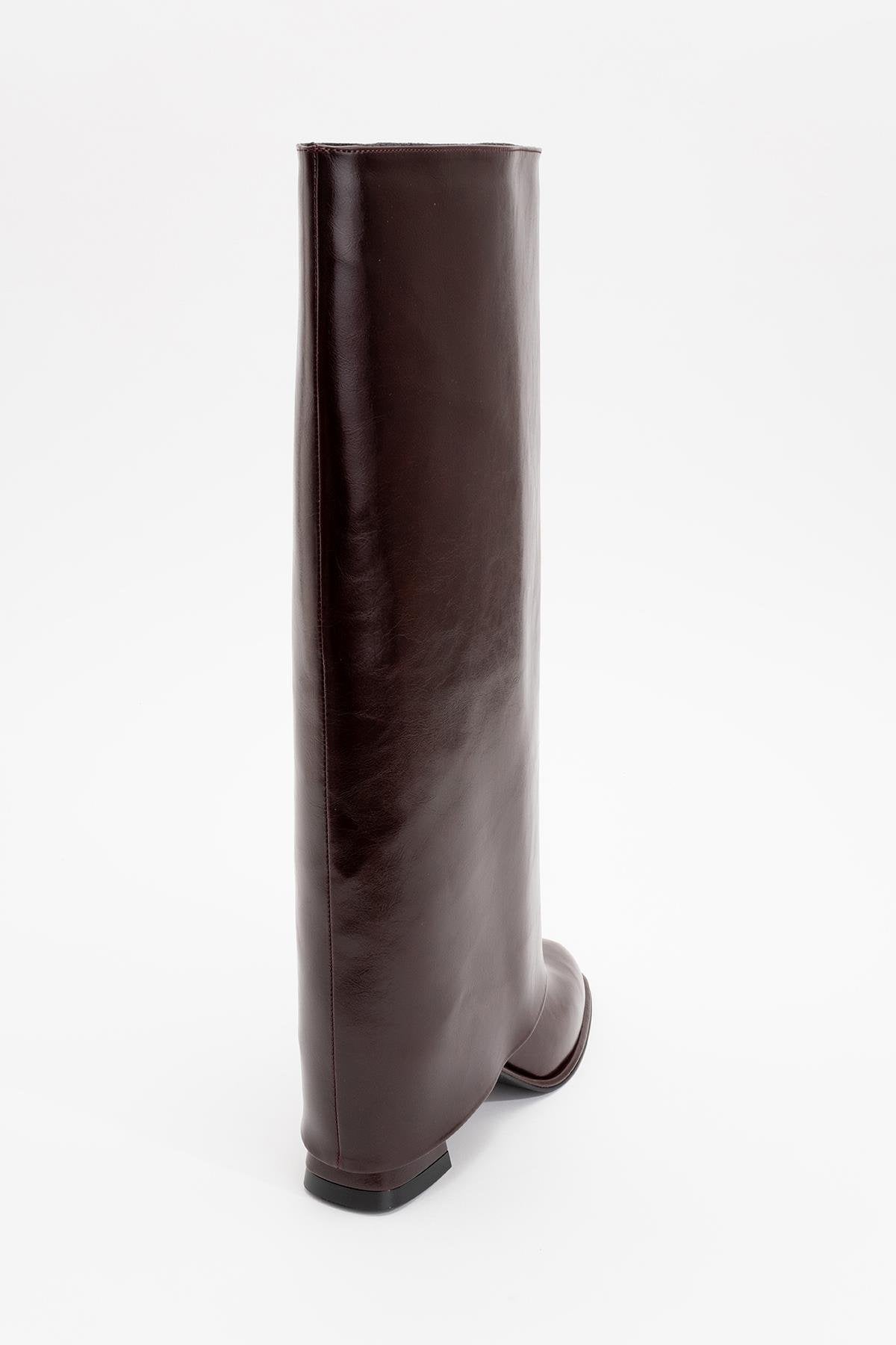 Maybe Burgundy Chunky Heel Boot – detail view showing leather, red, Vowalisse