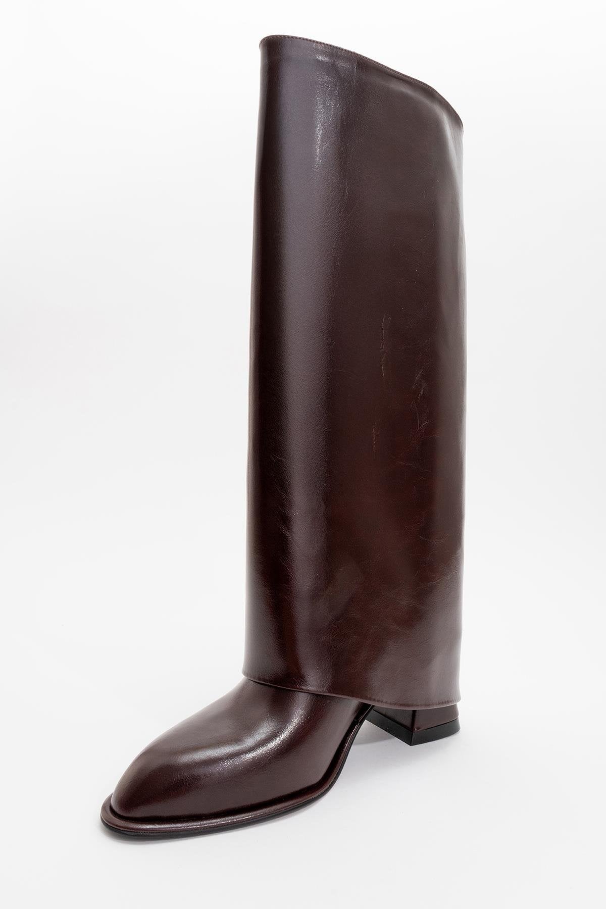Maybe Burgundy Chunky Heel Boot – heel view showing leather, red, Vowalisse