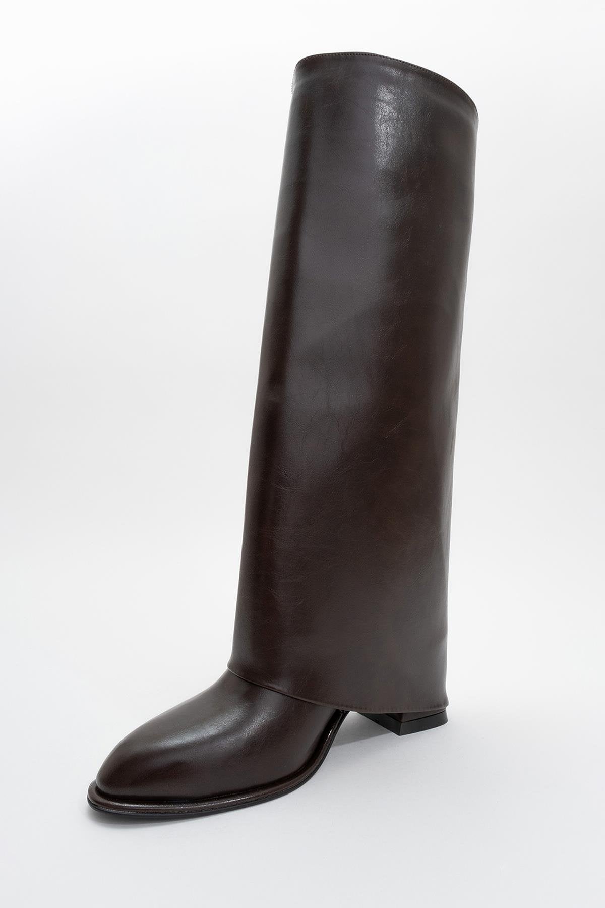 Maybe Brown Chunky Heel Boot – detail view showing leather, red, Vowalisse