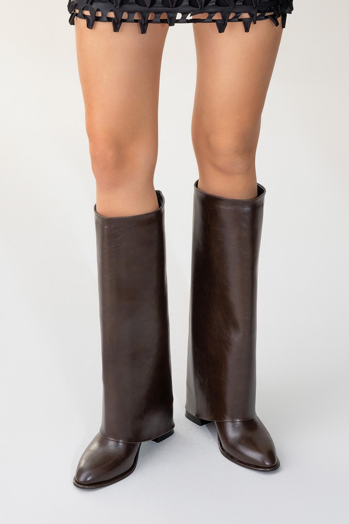 Maybe Brown Chunky Heel Boot – product view 9 showing leather, red, Vowalisse