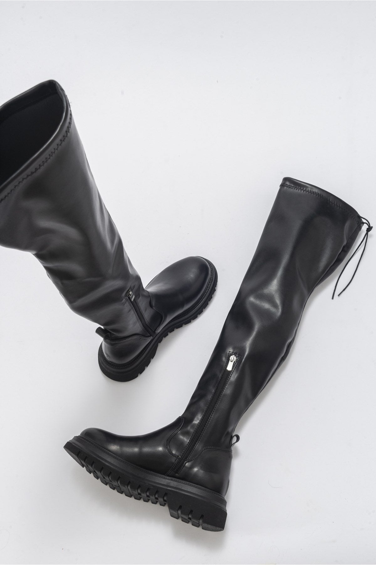 Chip - Black Knee-High Boot – side view showing leather, black, Vowalisse