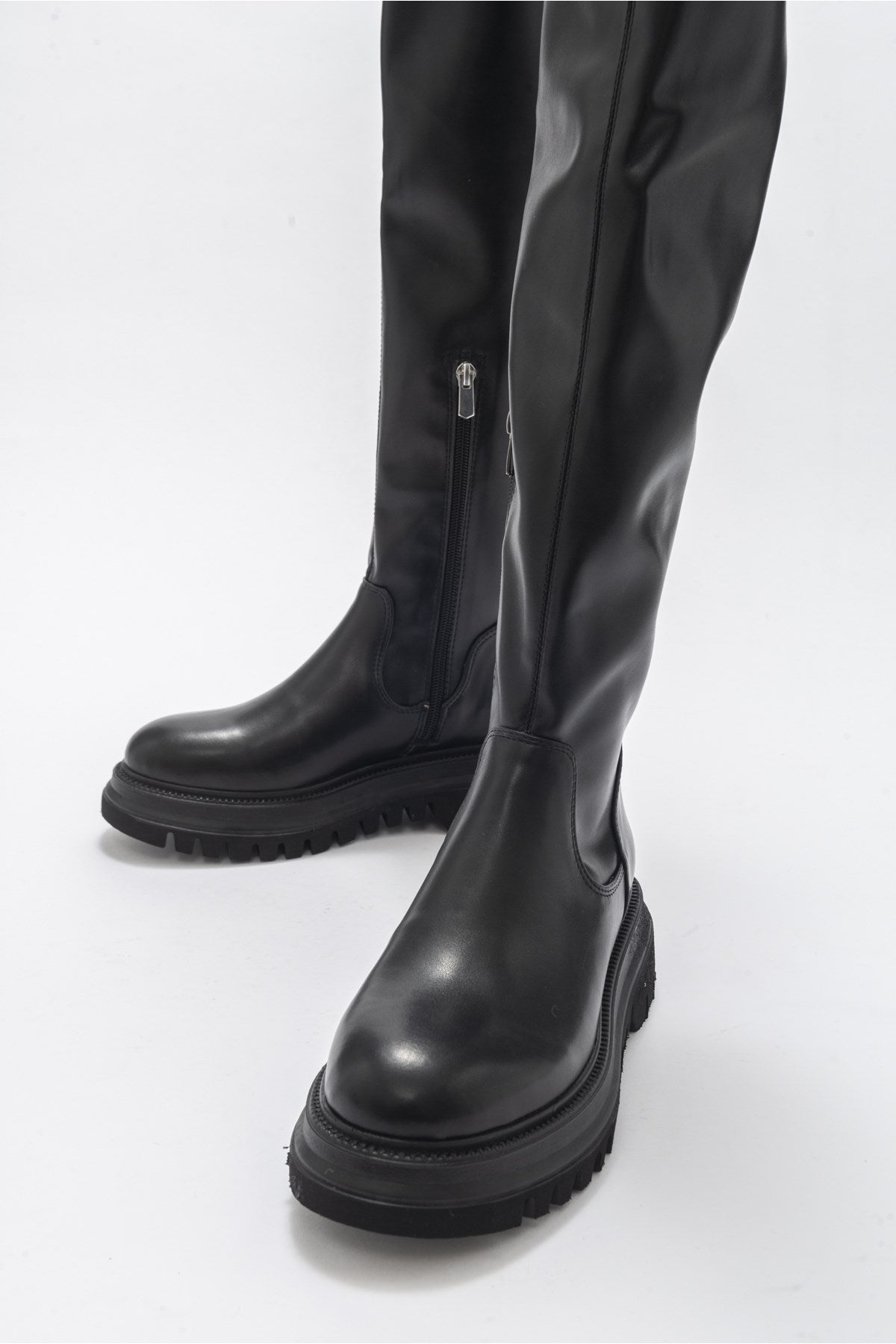 Chip - Black Knee-High Boot – detail view showing leather, black, Vowalisse
