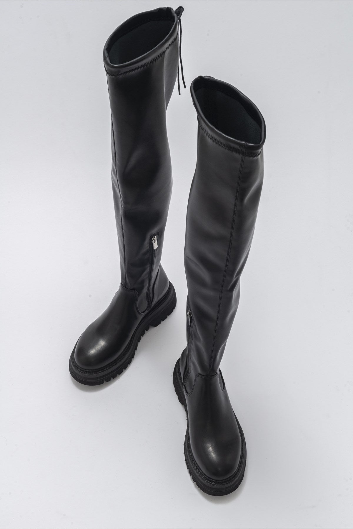 Chip - Black Knee-High Boot – heel view showing leather, black, Vowalisse