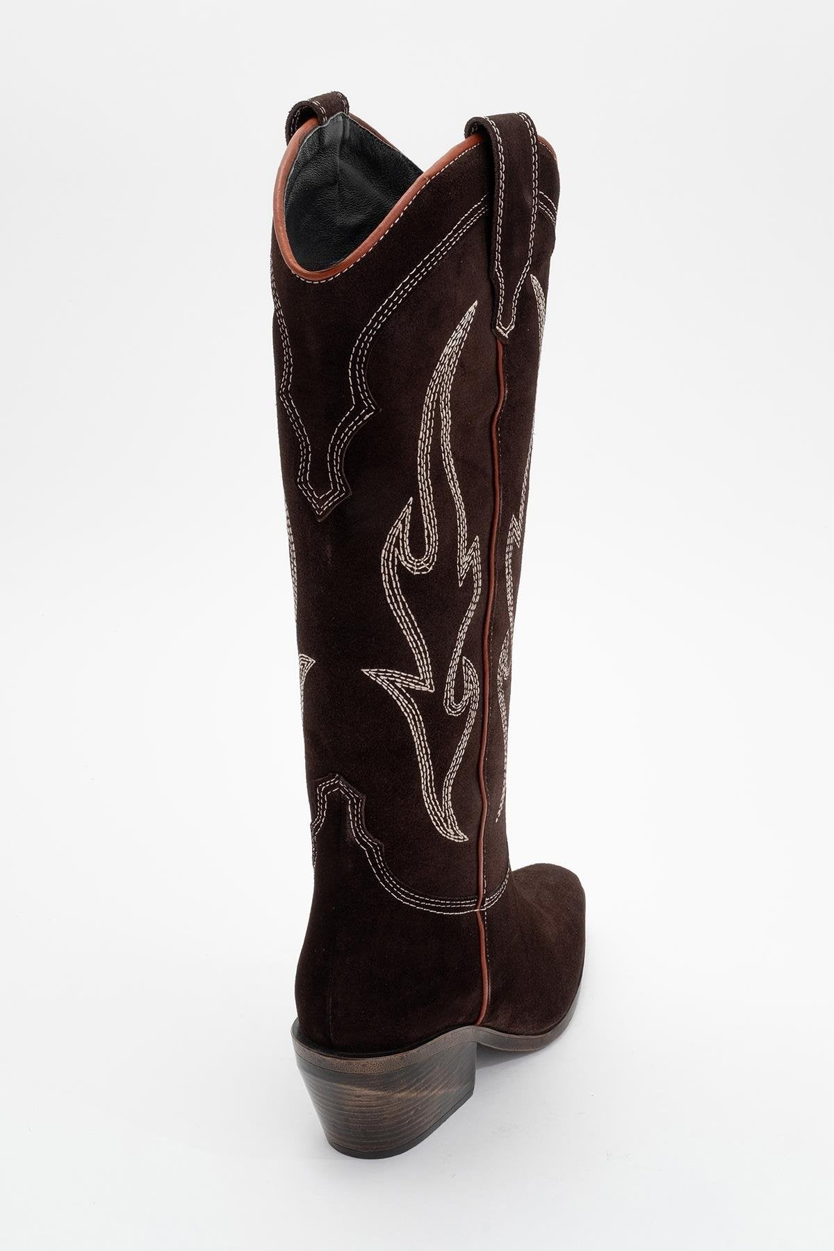 Pietro - Brown Genuine Suede Western Boot – heel view showing leather, suede, Vowalisse