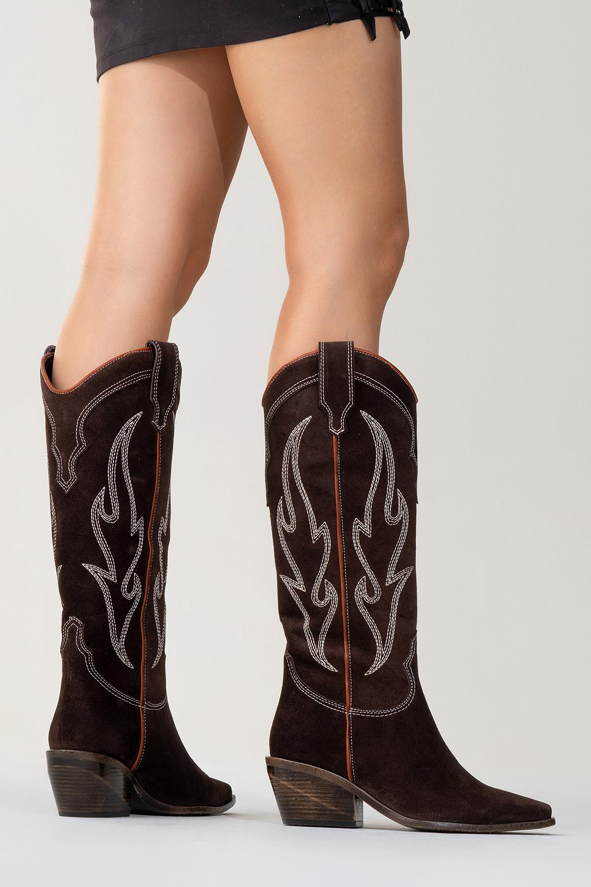 Pietro - Brown Genuine Suede Western Boot – top view showing leather, suede, Vowalisse