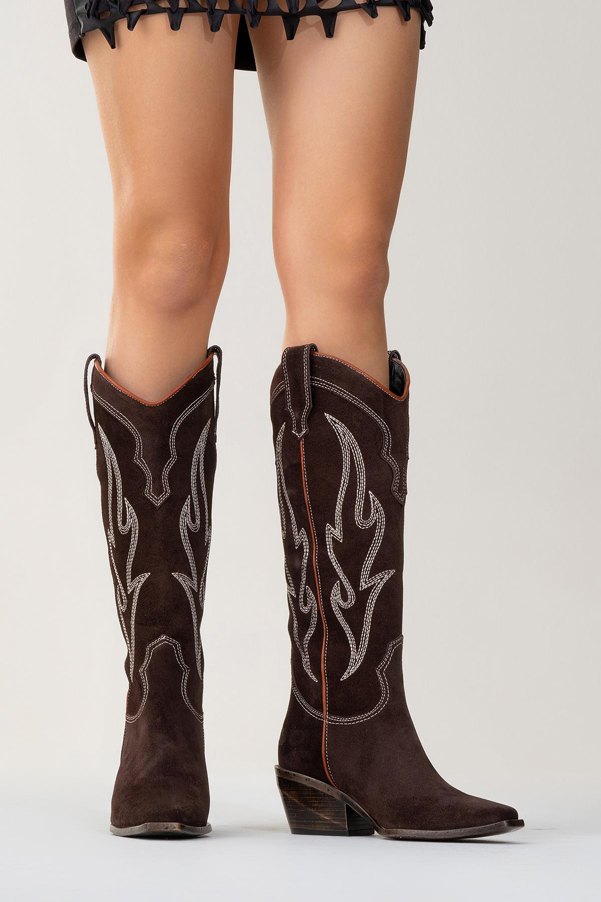 Pietro - Brown Genuine Suede Western Boot – pair view showing leather, suede, Vowalisse