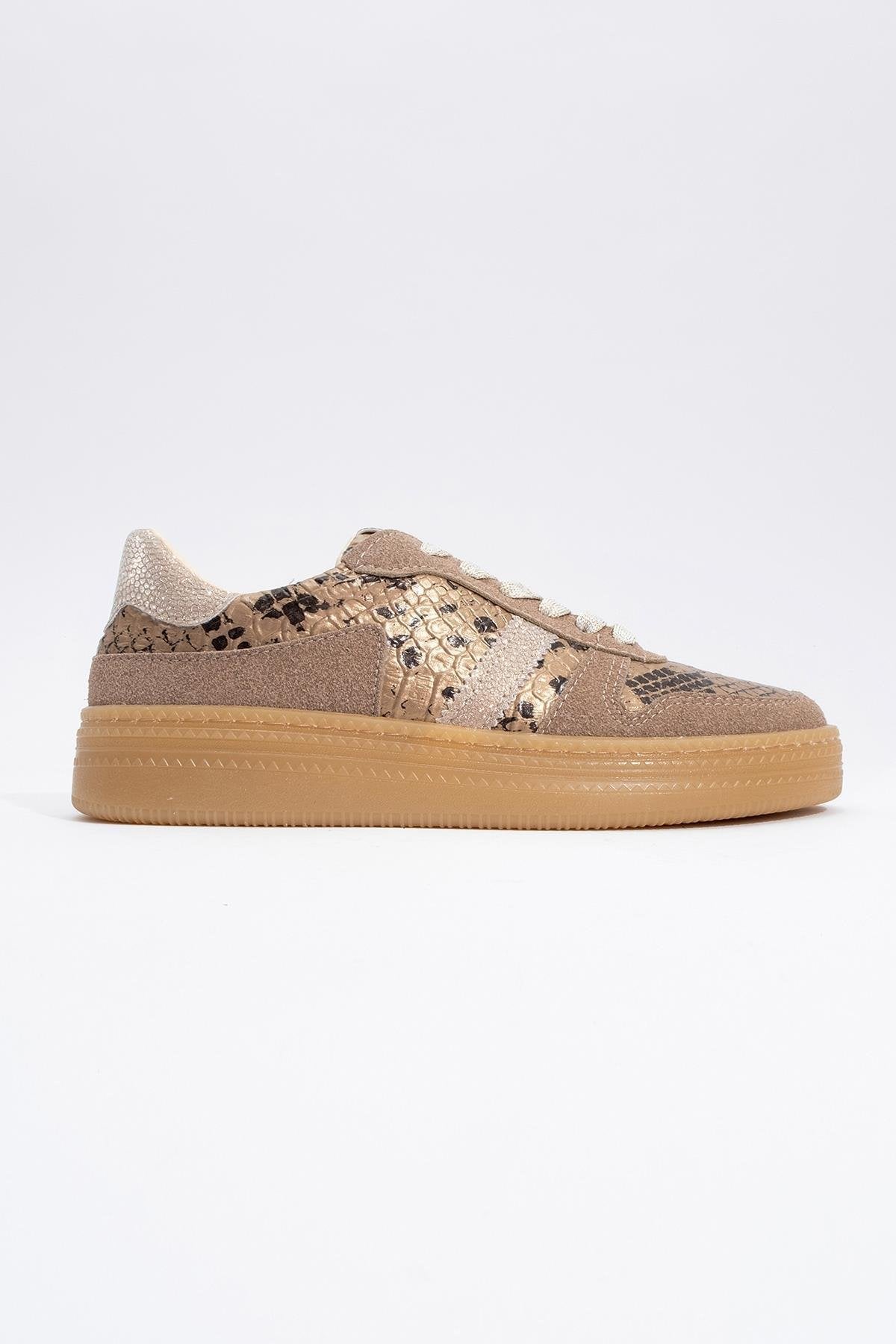 Rexie - Gold Patterned Glitter Sneaker – back view showing leather, glitter, gold, Vowalisse