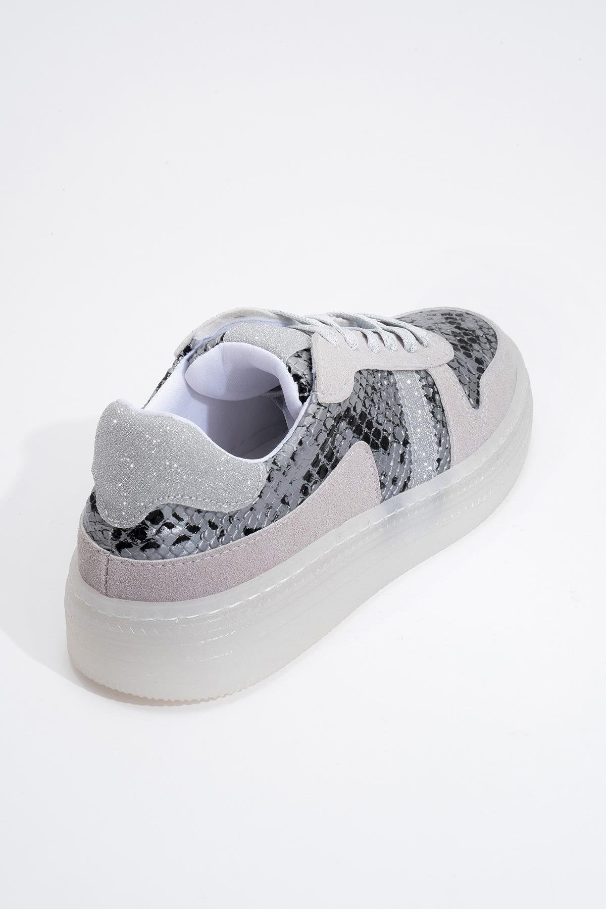 Rexie - Silver Patterned Glitter Sneaker – heel view showing leather, glitter, silver, Vowalisse
