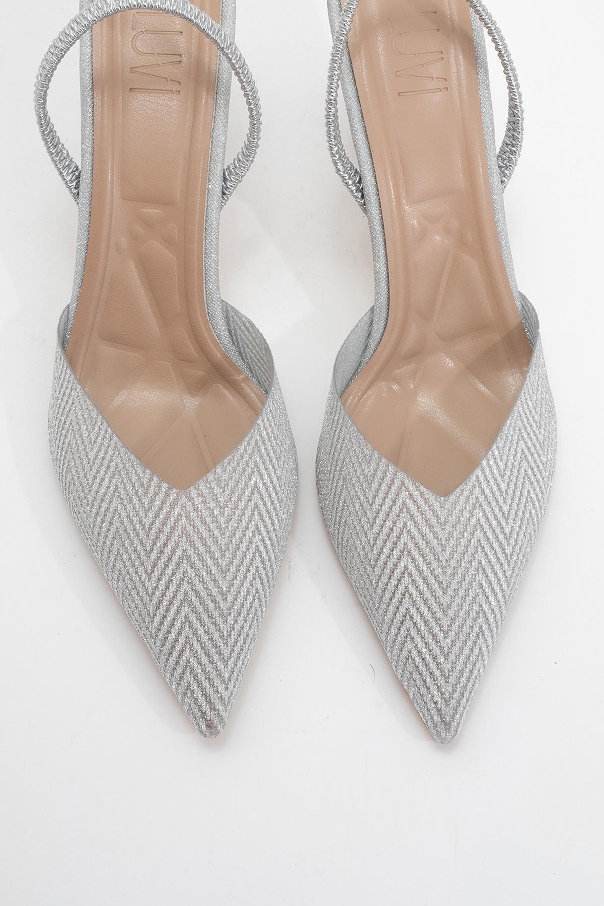 Renos - Silver Glitter Pointed Toe Dress Pump – side view showing leather, glitter, silver, Vowalisse