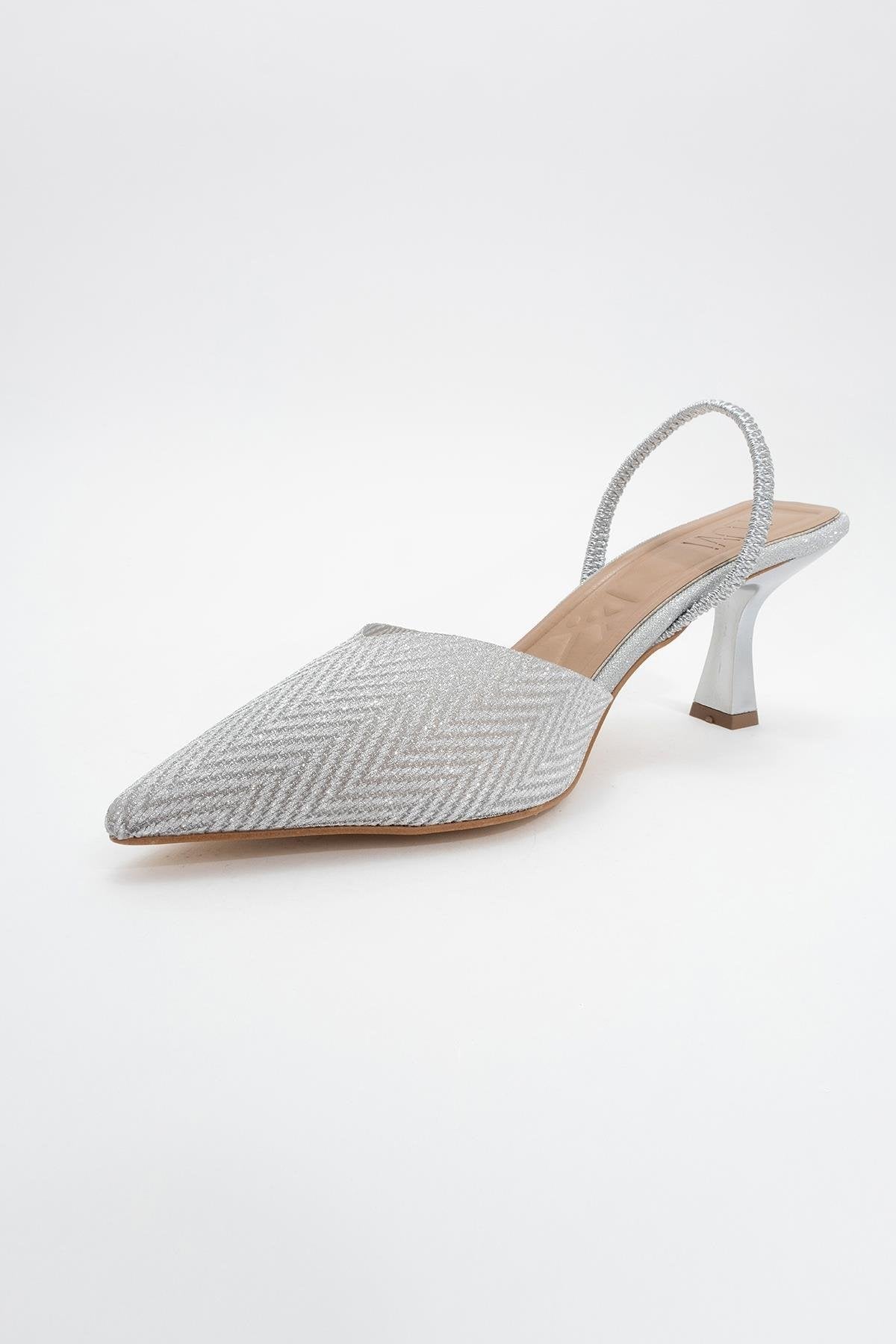 Renos - Silver Glitter Pointed Toe Dress Pump – heel view showing leather, glitter, silver, Vowalisse