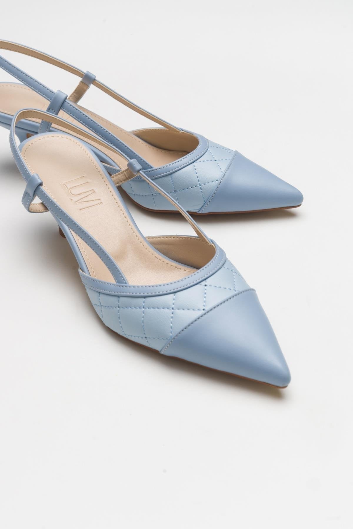Point - Baby Blue Heeled Shoe – side view showing leather, blue, Vowalisse