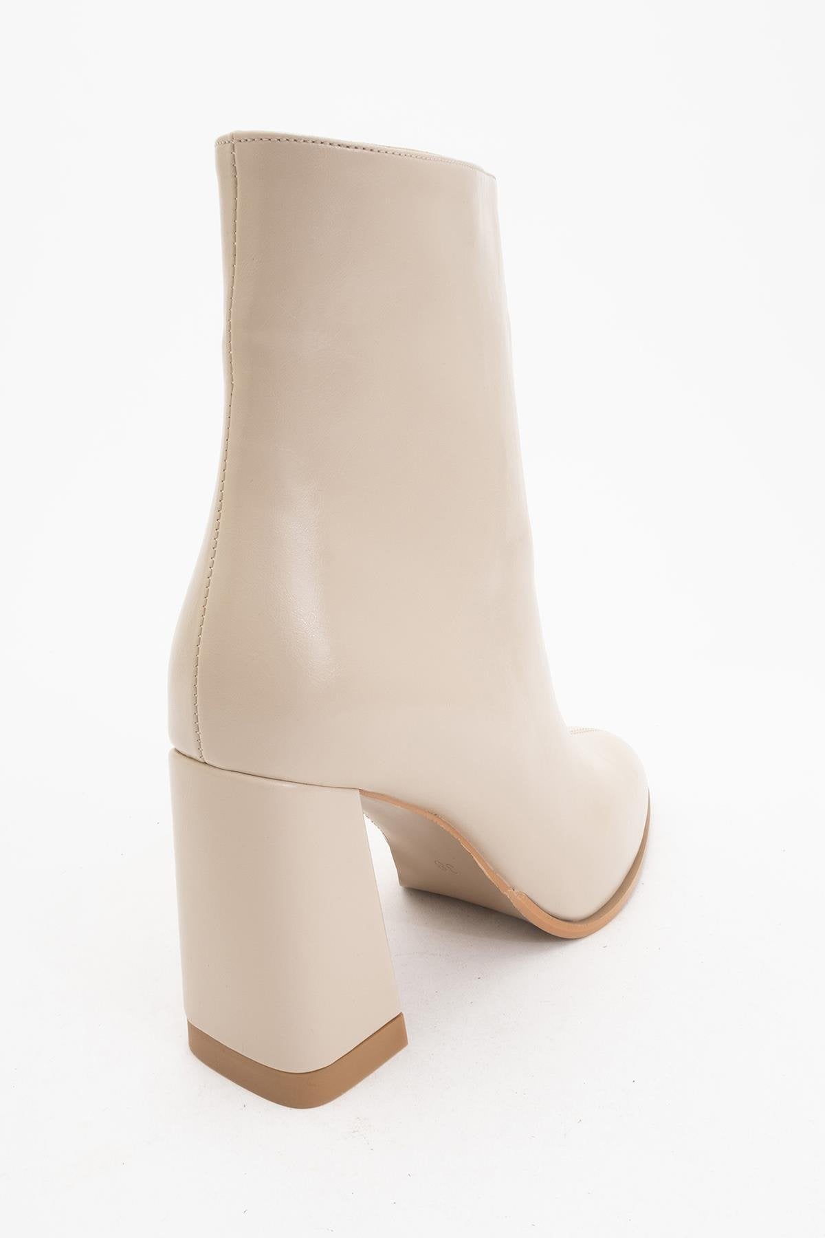 Jewel Beige Cilt High Heel Boot – side view showing leather, red, Vowalisse