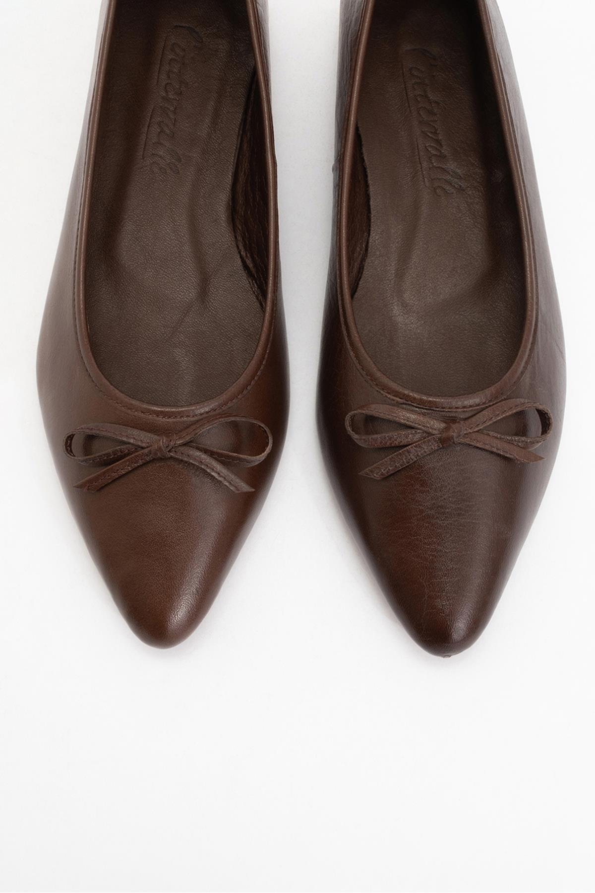 Ruby - Dark Brown Pointed Toe Leather Flats – side view showing bow, leather, Vowalisse