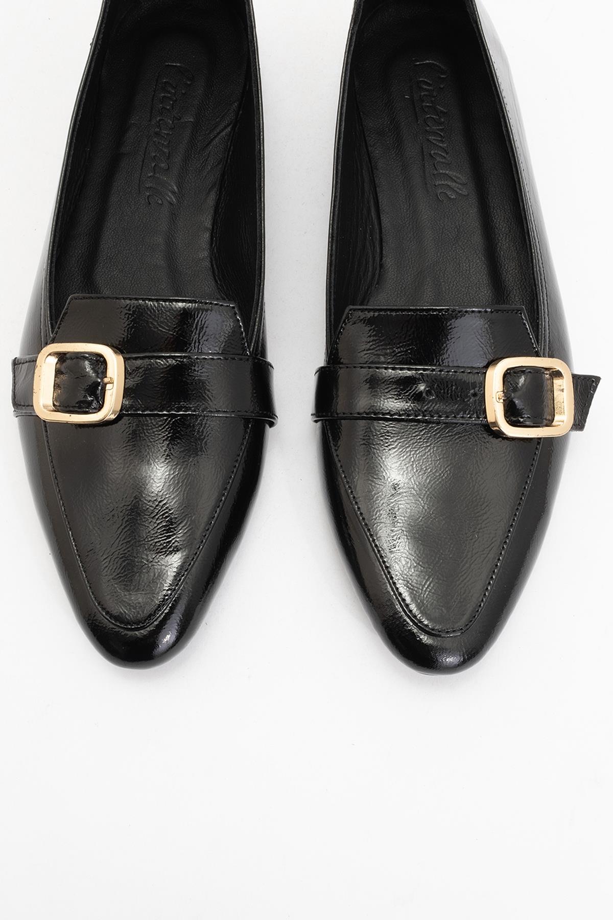 Zarina - Black Patent Pointed Toe Flats – side view showing leather, black, gold, Vowalisse