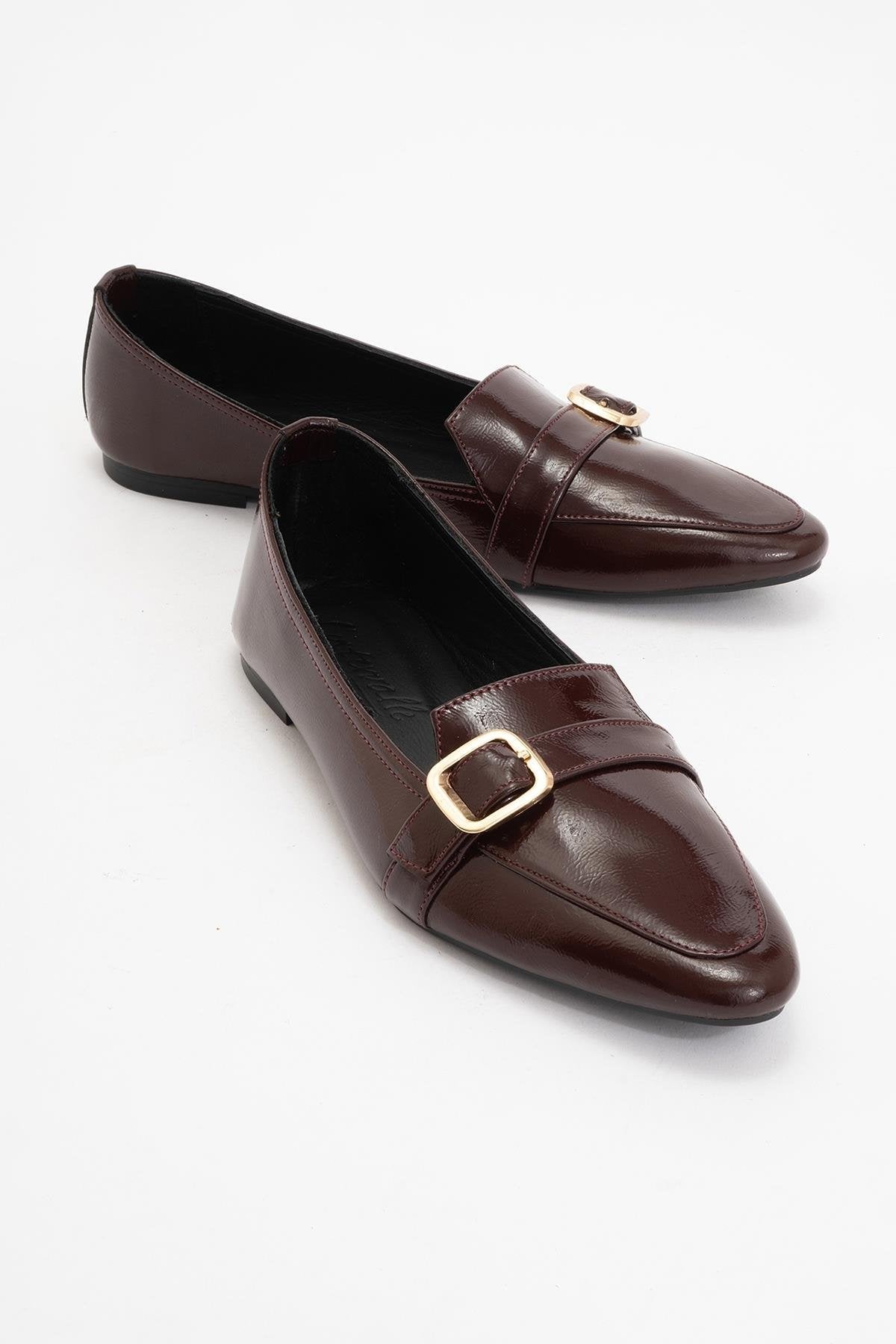 Zarina - Burgundy Brown Patent Pointed Toe Flats – front three-quarter view showing leather, gold, red, Vowalisse
