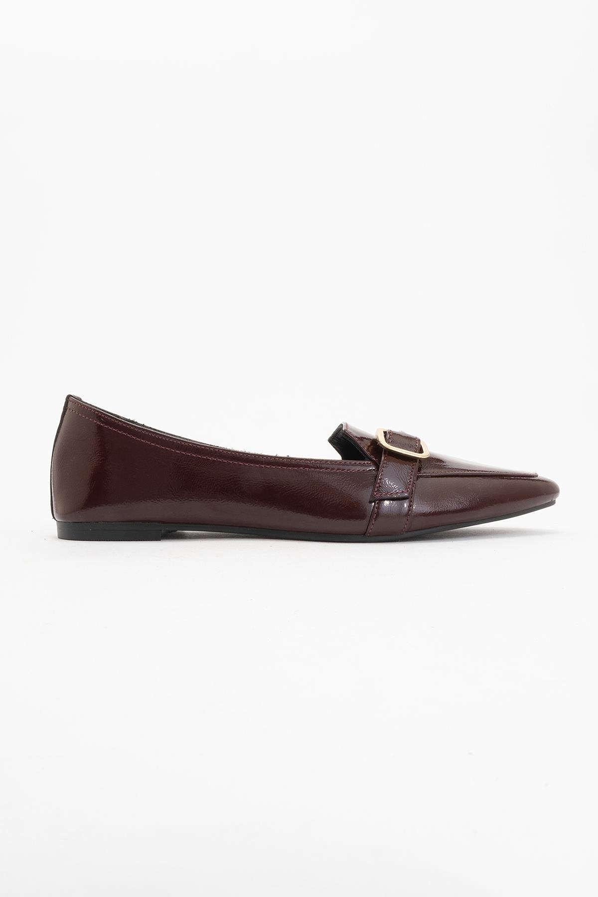 Zarina - Burgundy Brown Patent Pointed Toe Flats – back view showing leather, gold, red, Vowalisse