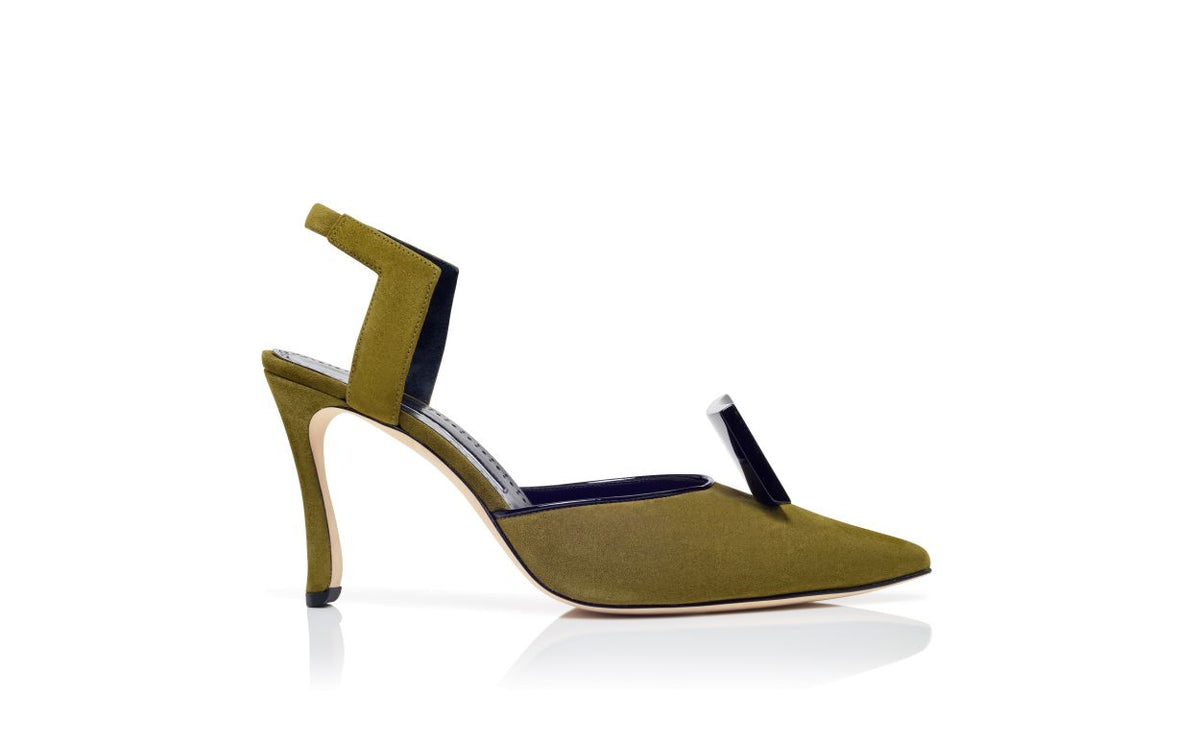 Emmeline Rose Green Slingback Slingbacks – side profile showing green slingback, pointed toe, suede, patent leather…