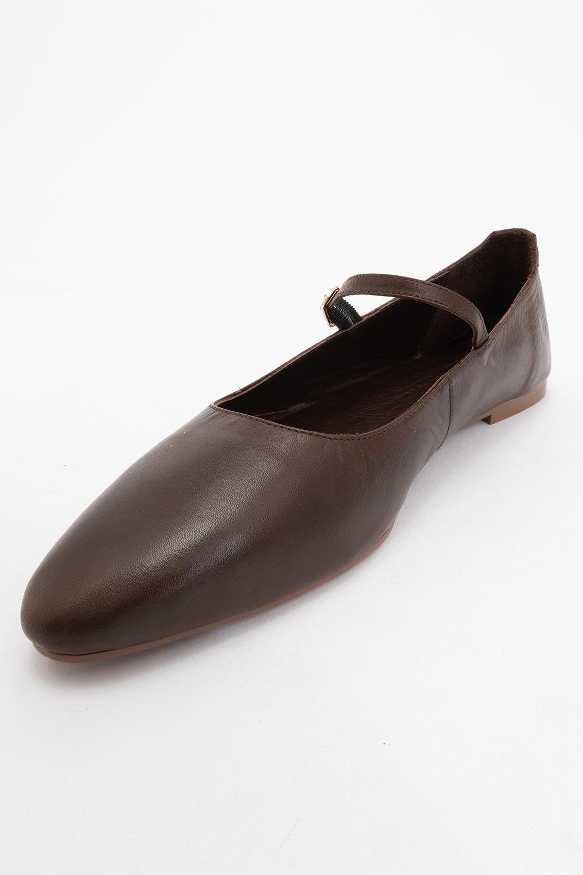 Lara - Brown Leather Mary Jane Flats – detail view showing leather, Vowalisse