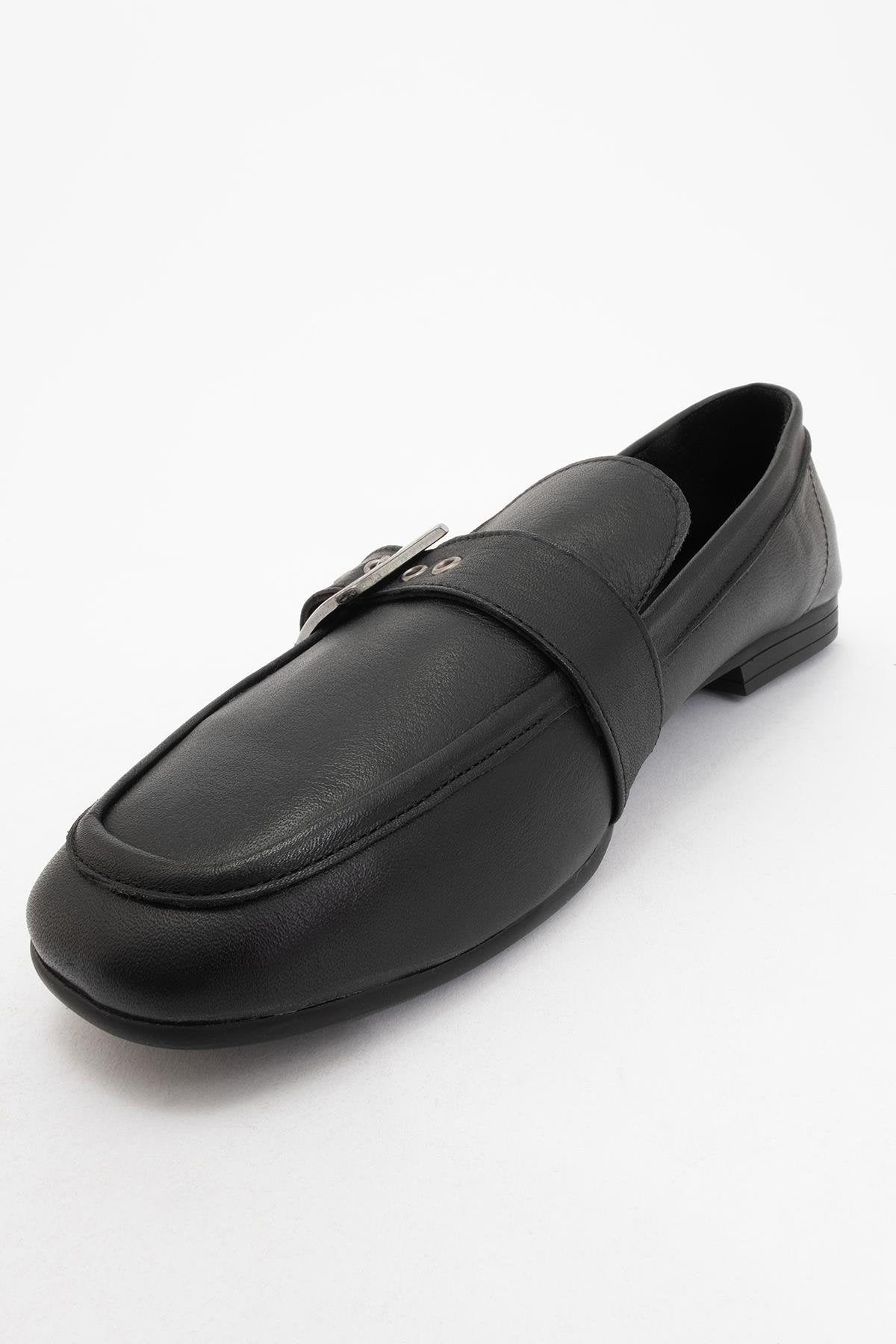 Clarion - Black Leather Loafers – detail view showing leather, black, red, Vowalisse